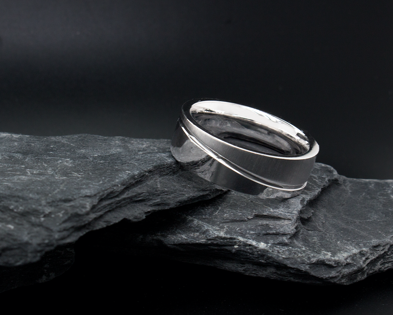 ring, ring on white background, 8mm ring, flat shape ring, grooved ring, curved groove, polished ring, brushed ring, mens wedding band, womens wedding band, promise ring, silver color ring