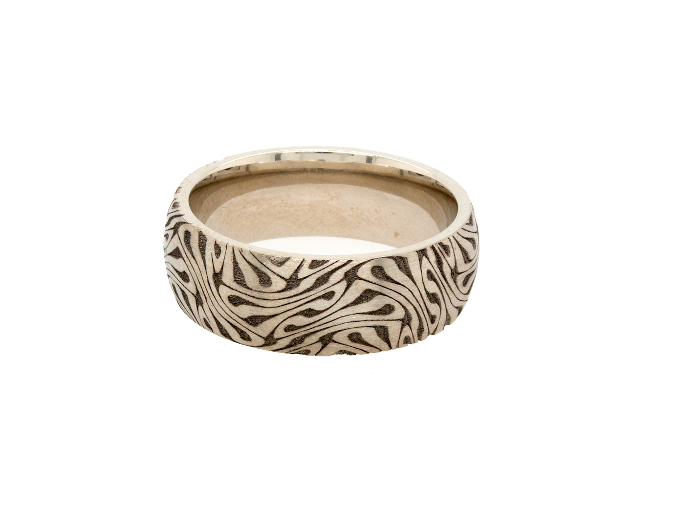 ring, ring with white background, white gold ring, solid gold ring, swirly pattern ring, 14k gold, Damascus steel pattern, wedding band, mens wedding band, women's wedding band