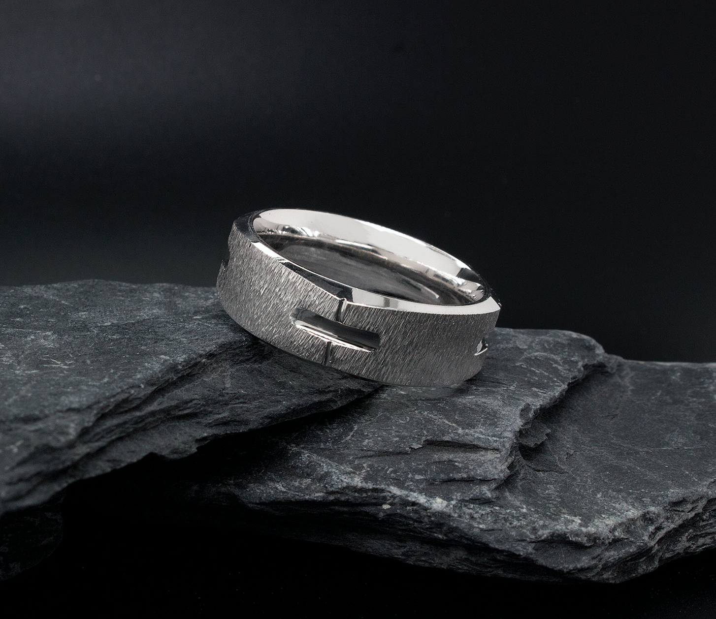 ring, ring on white background, brushed ring, grooved ring, vertical grooves, scratched texture, textured ring, ring with corners, white gold ring, mens wedding band, womens wedding band, unisex ring