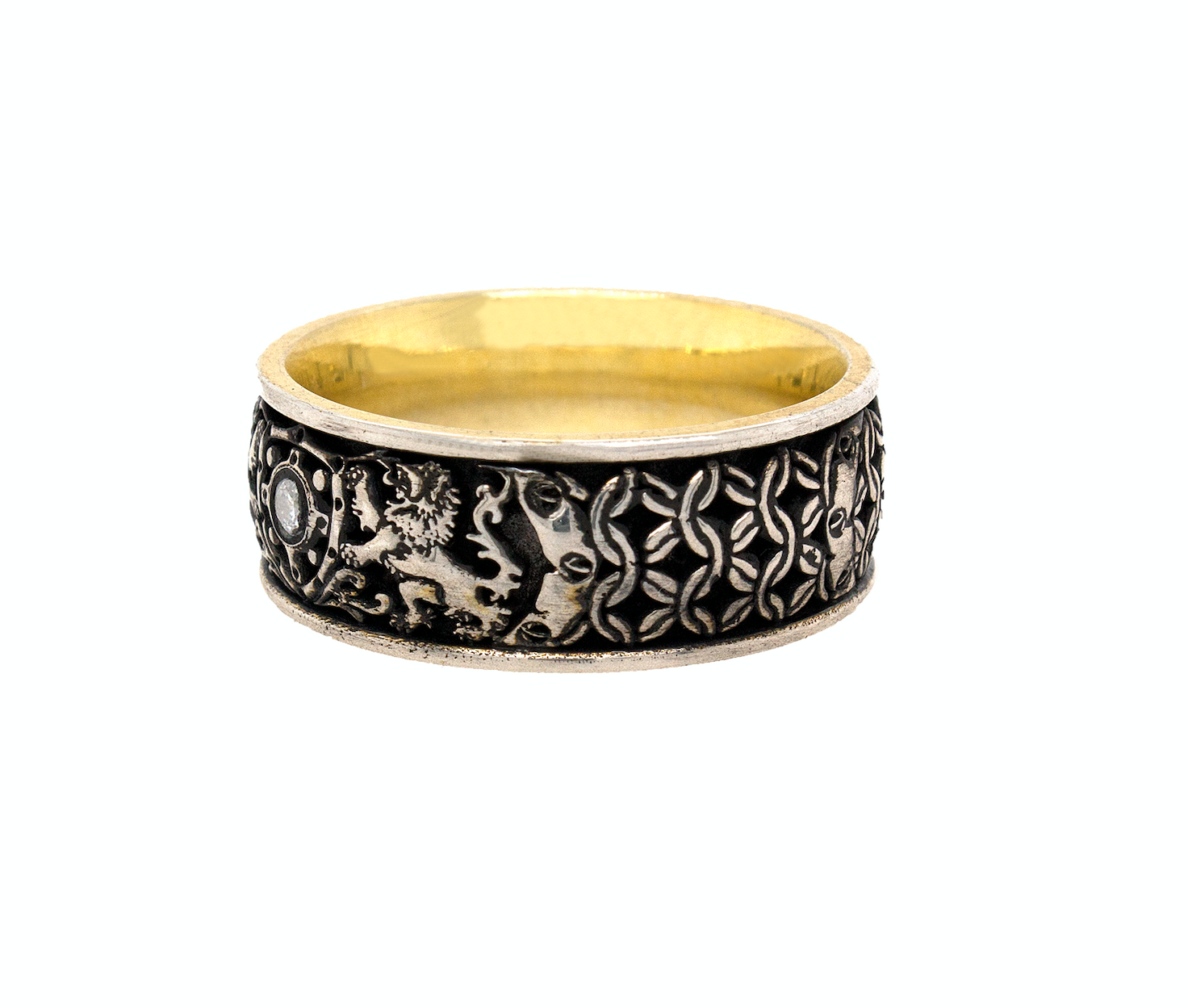 ring, ring on white background, silver ring, sterling silver ring, yellow gold plated ring, engraved ring, custom ring, medieval ring, yellow gold plated ring, diamond ring, shield, lions, mens ring, women's ring