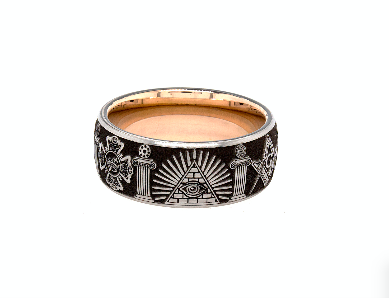 ring, ring with white background, masonic ring, tungsten ring, tungsten wedding band. rose gold ring, mason ring, ring with symbols, 8mm ring, dome shaped ring, wedding band, mens wedding band, women's wedding band