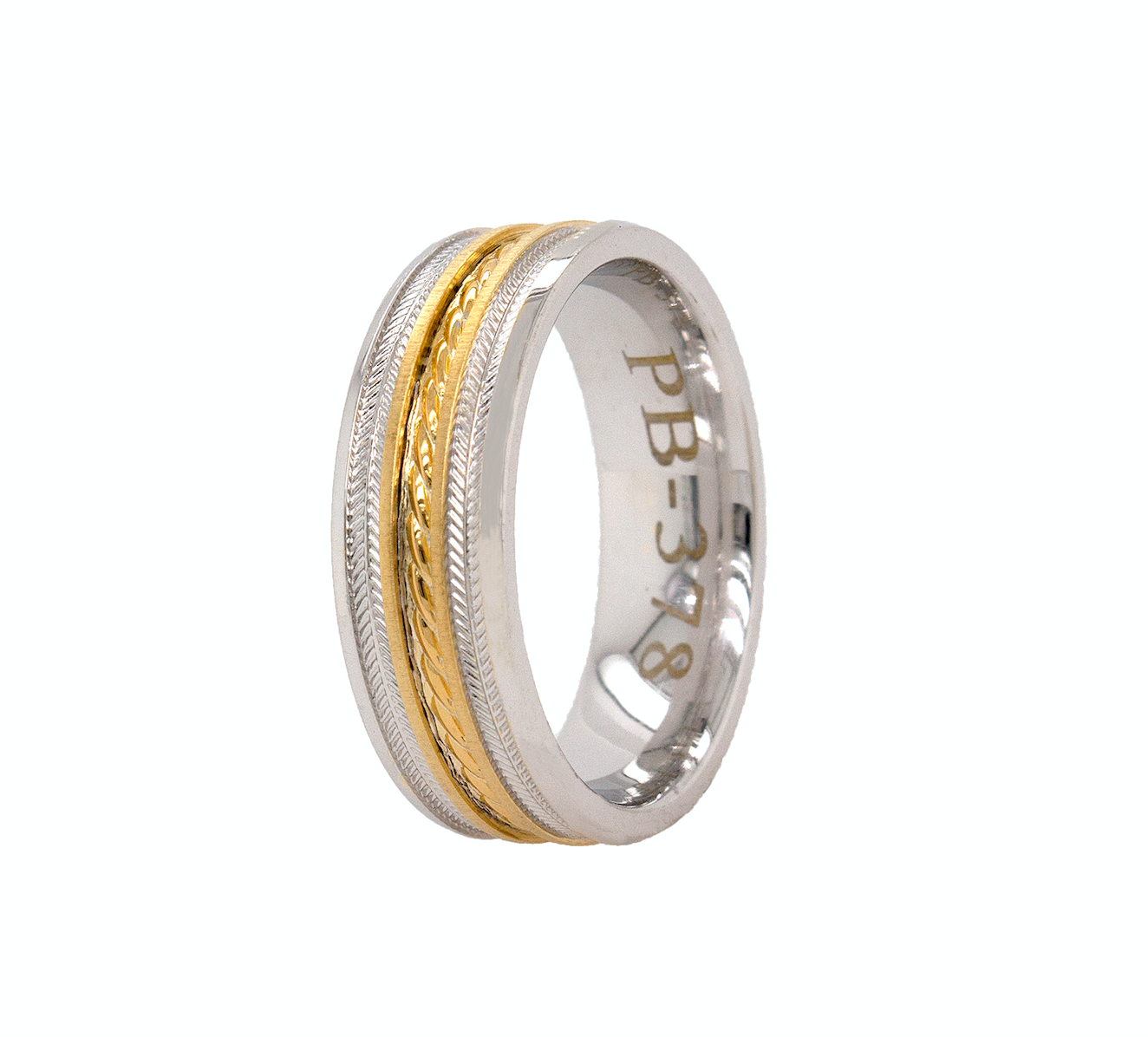 ring, ring on white background, solid gold ring, white gold ring, yellow gold ring, textured ring, engraved ring, two-toned ring, wedding band, flat shaped ring, mens wedding band, womens wedding band, unisex ring