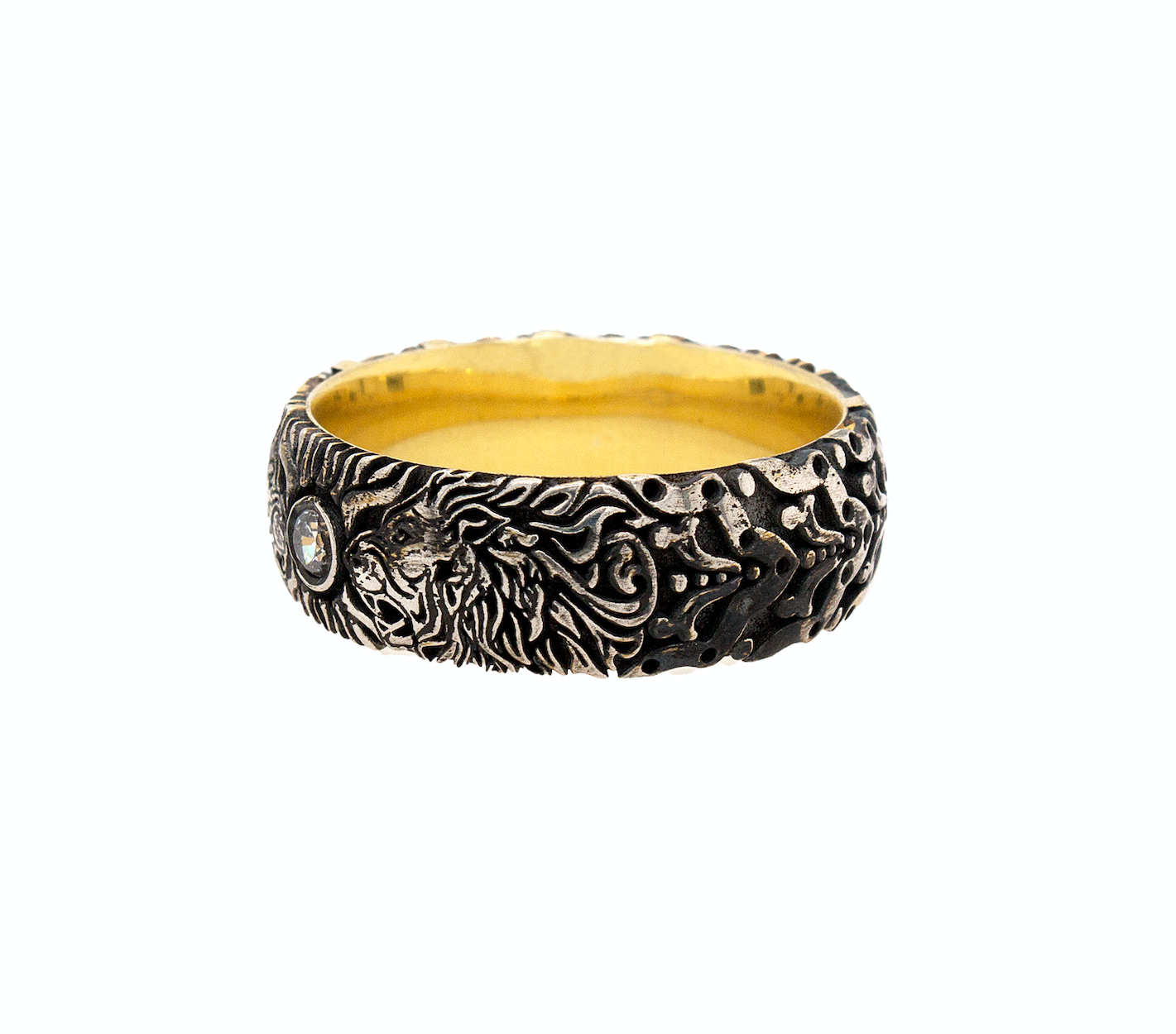 ring, ring on white background, mens rings, women's rings, ring with yellow gold plated interior, engraved ring, ring with lion heads, diamond ring, silver ring, sterling silver ring, medieval ring