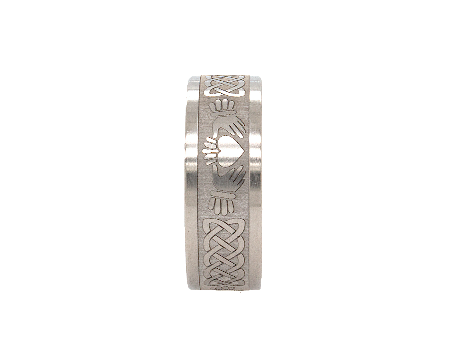 ring, ring on white background, titanium ring, silver color ring, matte exterior, polished edges and interior, celtic knot engraving, irish claddagh ring, irish claddagh engraving, custom wedding band, personalized wedding band, irish ring, mens wedding band, women's wedding band