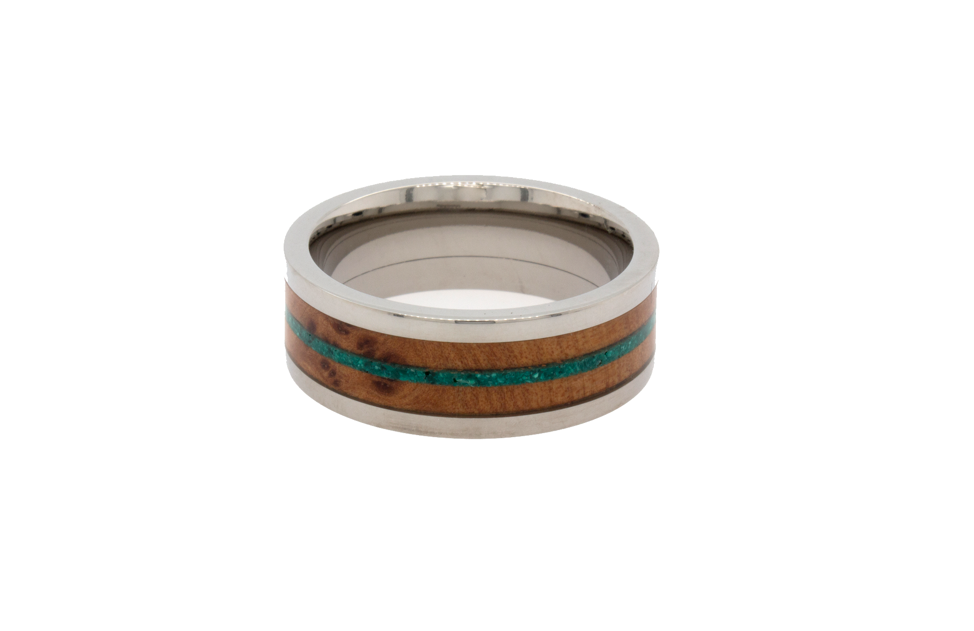 ring, ring on white background, titanium ring, titanium wedding band, wooden ring, titanium ring with wooden inlay, ring with green malachite, wooden wedding band, mens wedding band, women's wedding band, unique ring