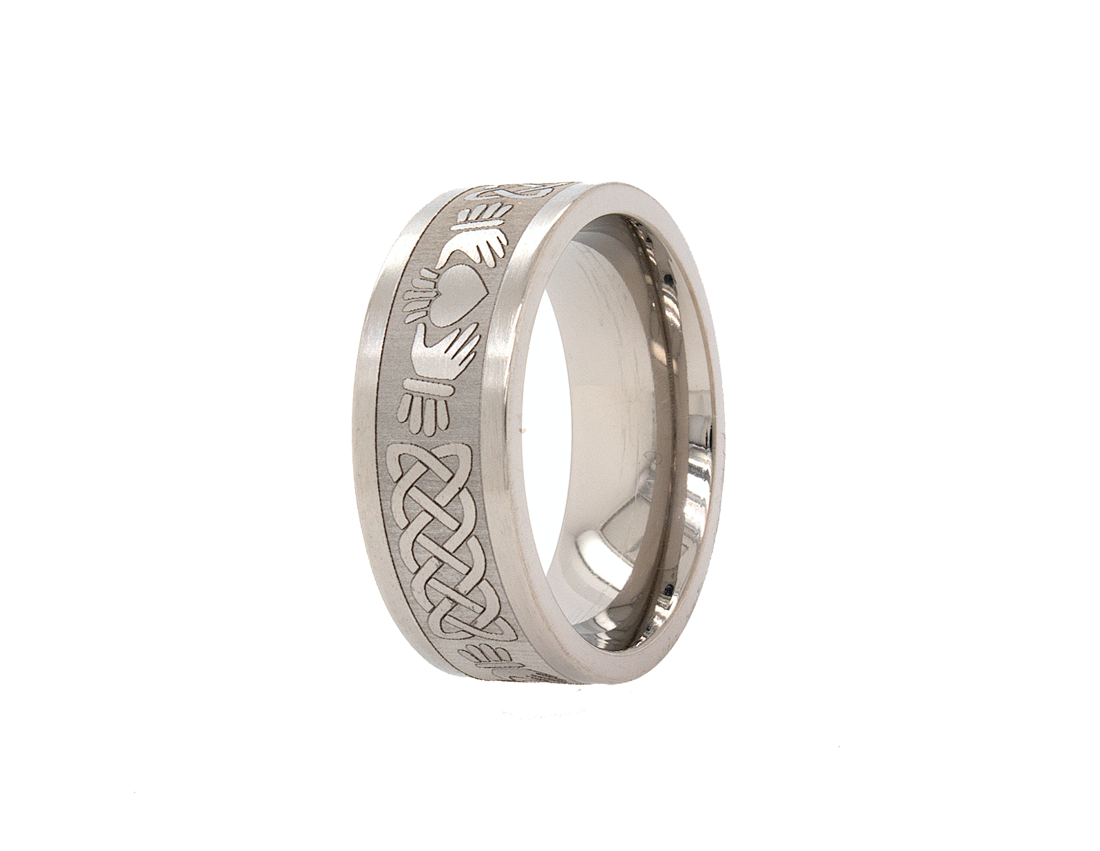 ring, ring on white background, titanium ring, silver color ring, matte exterior, polished edges and interior, celtic knot engraving, irish claddagh ring, irish claddagh engraving, custom wedding band, personalized wedding band, irish ring, mens wedding band, women's wedding band