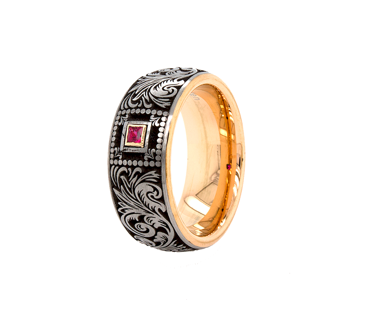 8mm ring, ring, ring on white background, rose gold ring, victorian wedding band, tungsten ring, rose gold plated ring, ruby ring, square shaped ruby, wedding band, women's wedding band, victorian ring, custom ring, engraved ring