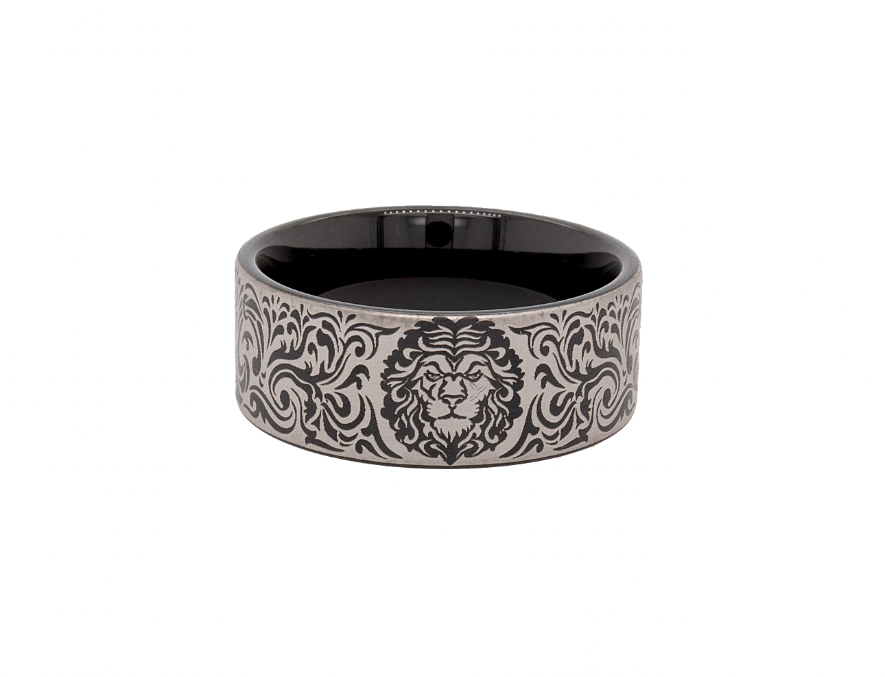 ring, ring with white background, tungsten ring, tungsten wedding band, wedding band, mens wedding band, thick tungsten ring, engraved ring, custom ring, personalized ring, ring with lions head, lion ring. ring with lions engraving  Edit alt text