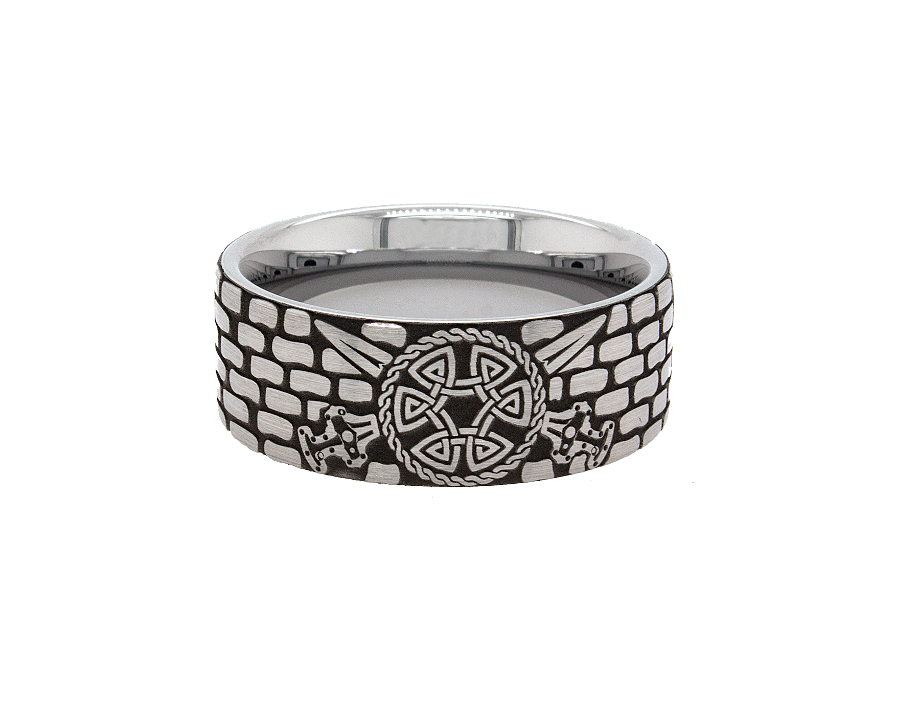 ring, tungsten ring, ring on white background, tungsten wedding band, ring with brick pattern, brick ring, viking ring, ring with viking shield, shield, viking shield, ax, sword