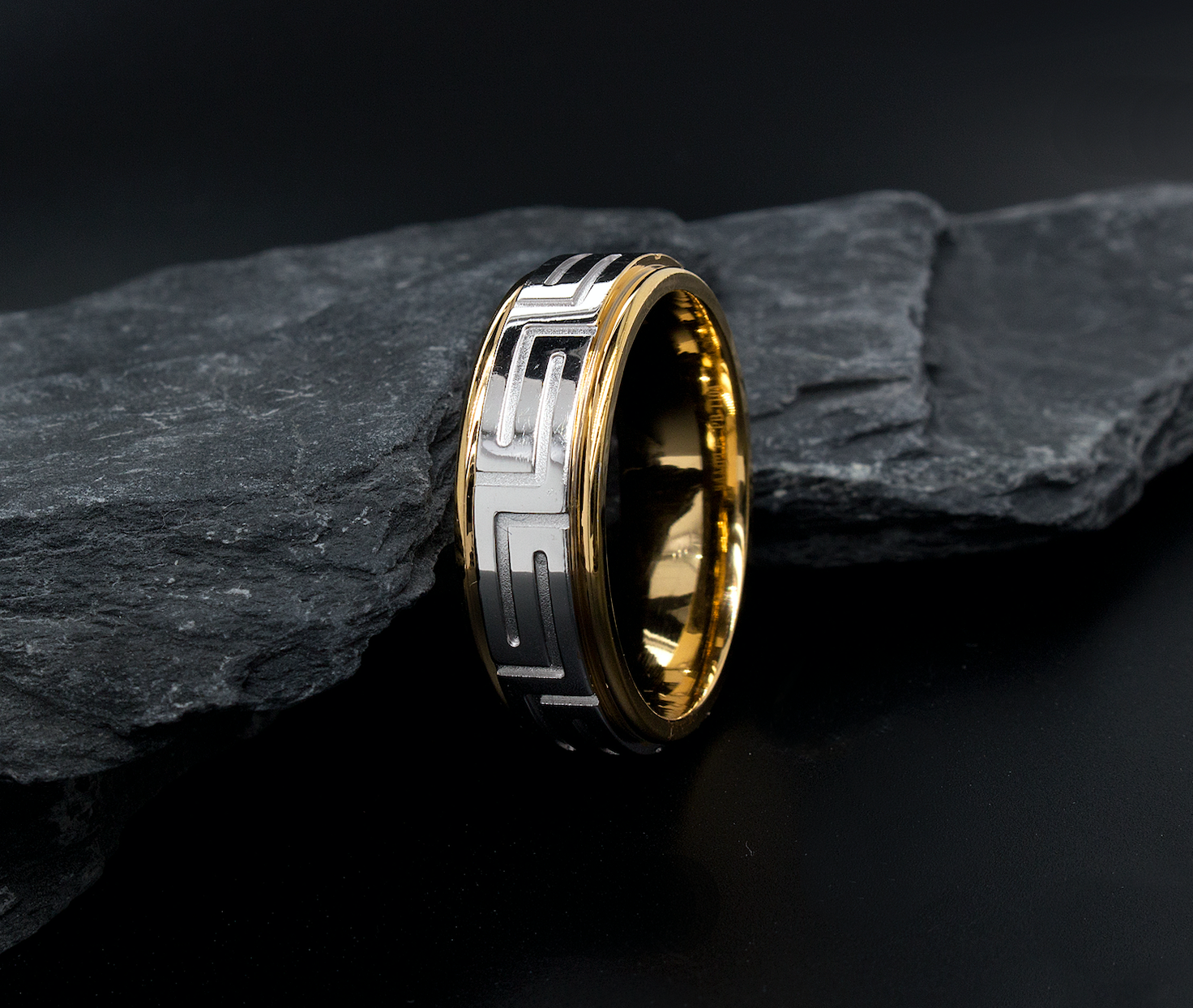 8mm ring, solid gold ring, mens wedding band, womens wedding band, solid gold ring, greek symbols, stepped edges, engraved ring, custom ring, mens wedding band, womens wedding band