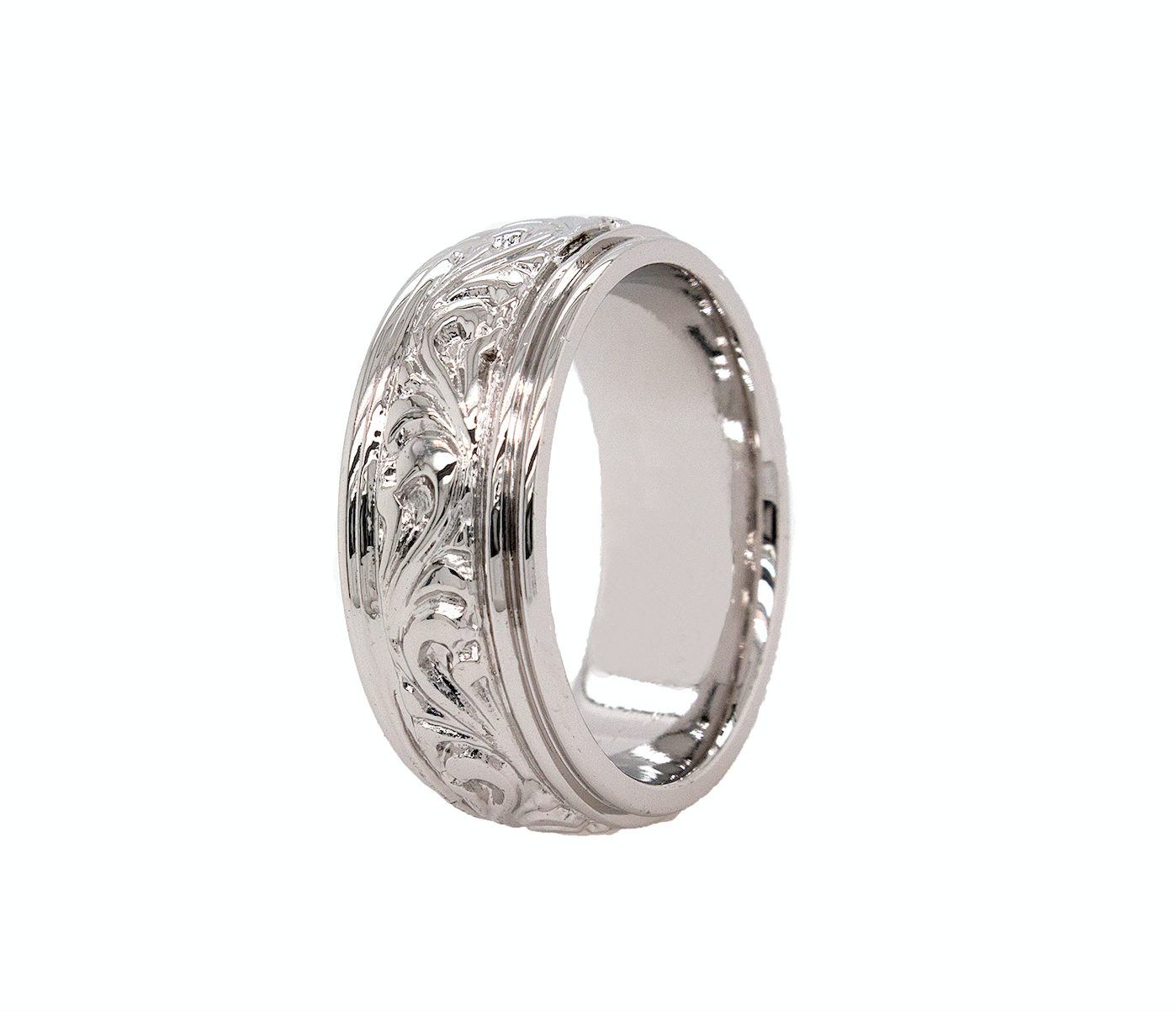 ring, ring on white background, mens wedding band, womens wedding band, victorian style ring, victorian ring, stepped edges, victorian wedding band, silver color ring, unisex ring