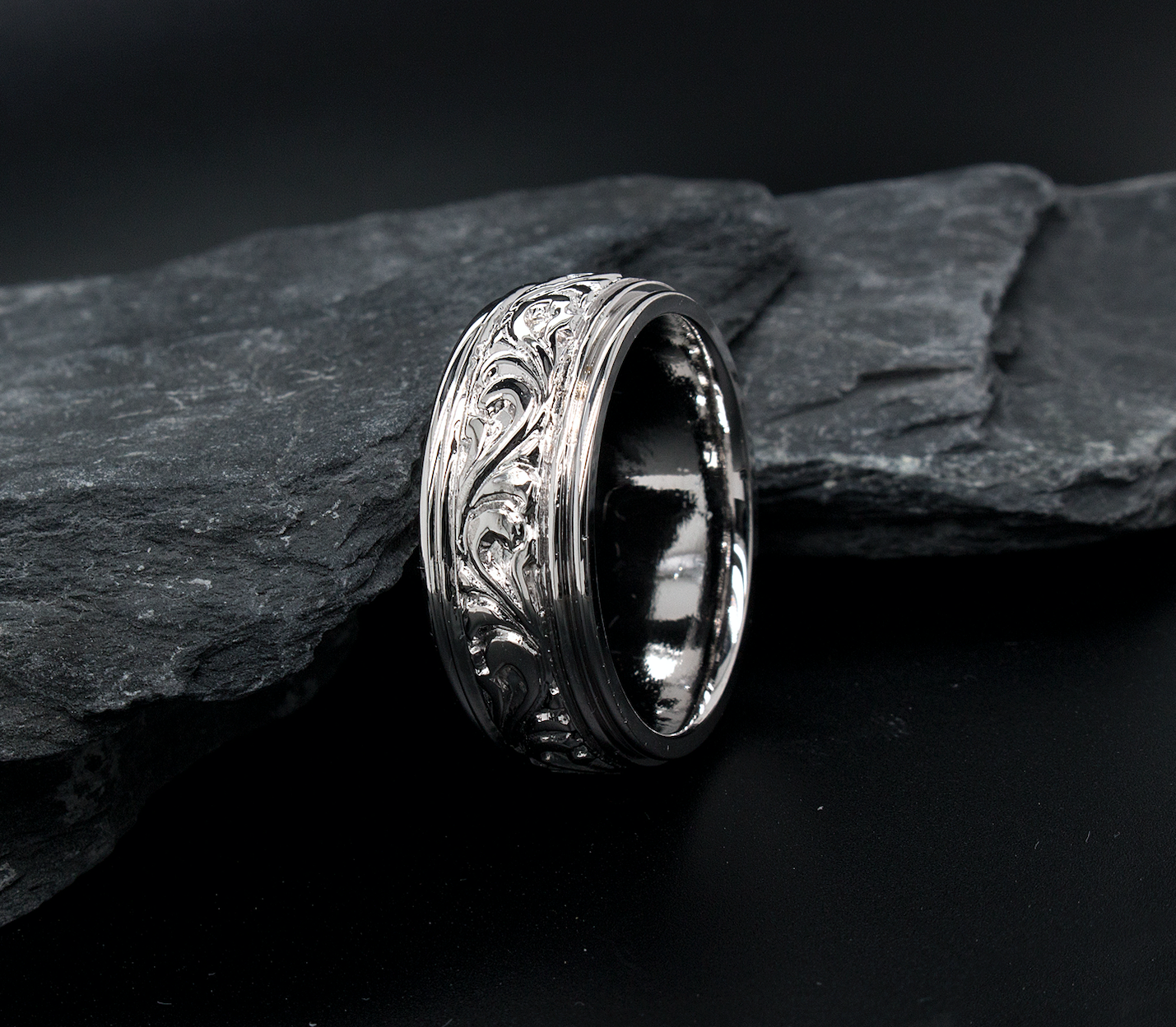 ring, ring on black background, mens wedding band, womens wedding band, victorian style ring, victorian ring, stepped edges, victorian wedding band, silver color ring, unisex ring