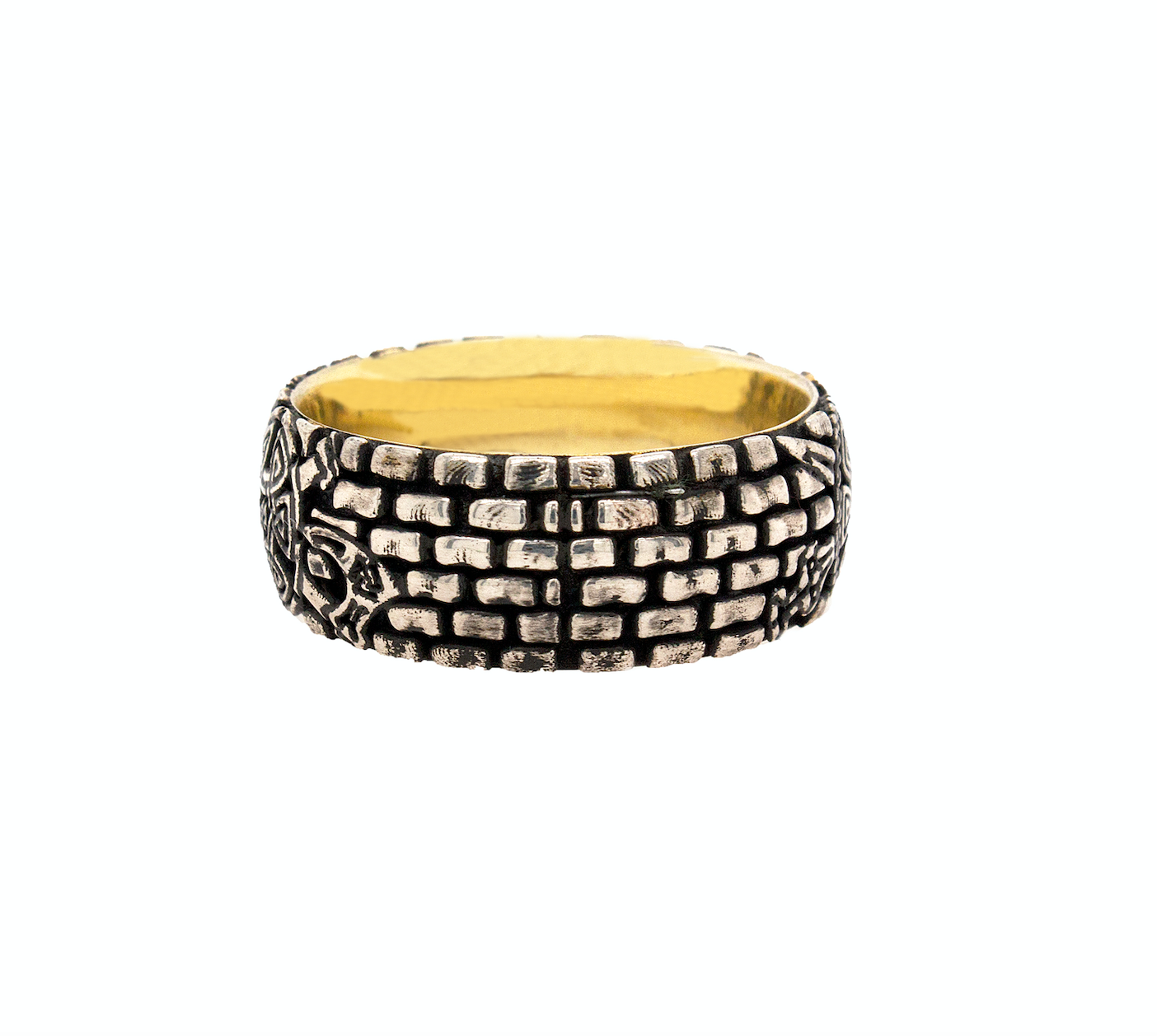 ring, ring on white background, mens rings, women's rings, silver ring, dome shaped ring, 8mm ring, yellow gold plated ring, brick pattern, viking ring, viking symbols, shield, swords, axes, hammer, custom silver ring