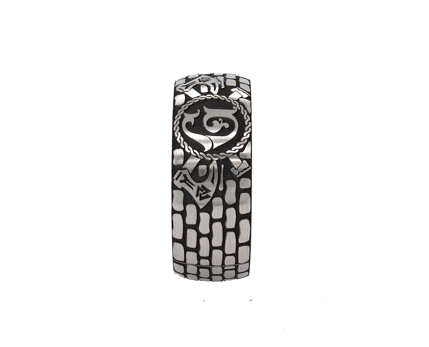ring, ring on white background, ring with rose gold interior, brick pattern ring, ring with sword engraving, ring with initials, ring with b initial, ring with g initial, brick pattern, tungsten wedding band, mens wedding band, 9mm ring, 9mm tungsten ring, women's wedding band, unisex ring, tungsten wedding band, custom ring, personalized wedding band