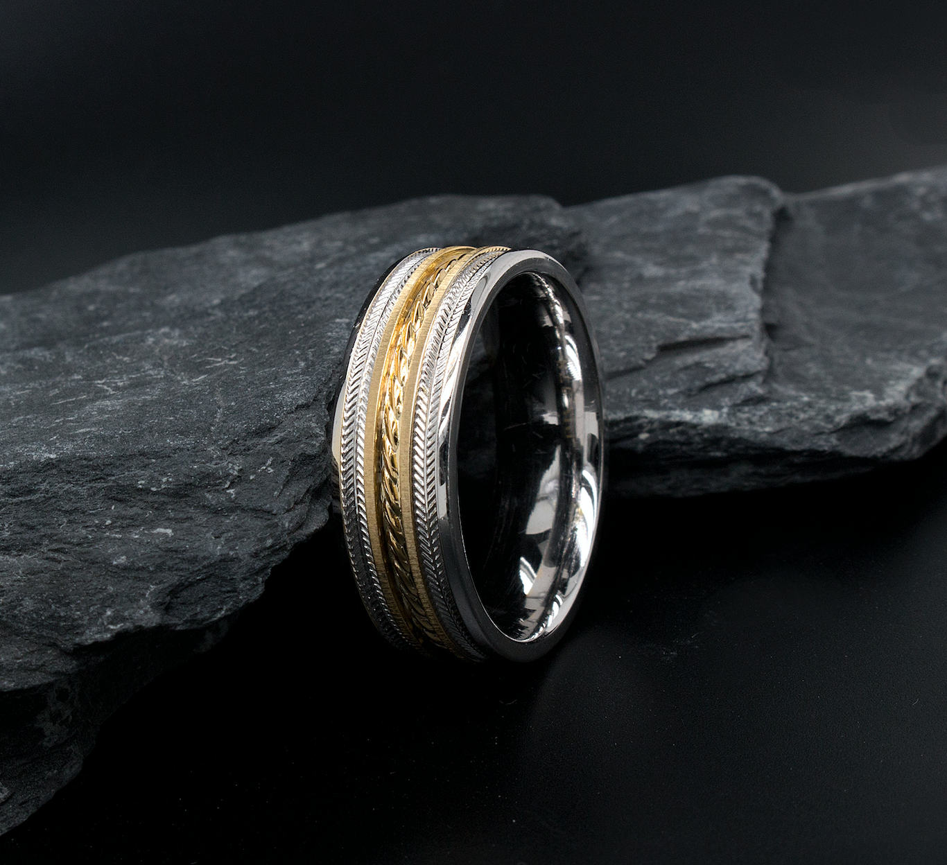 ring, ring on white background, solid gold ring, white gold ring, yellow gold ring, textured ring, engraved ring, two-toned ring, wedding band, flat shaped ring, mens wedding band, womens wedding band, unisex ring