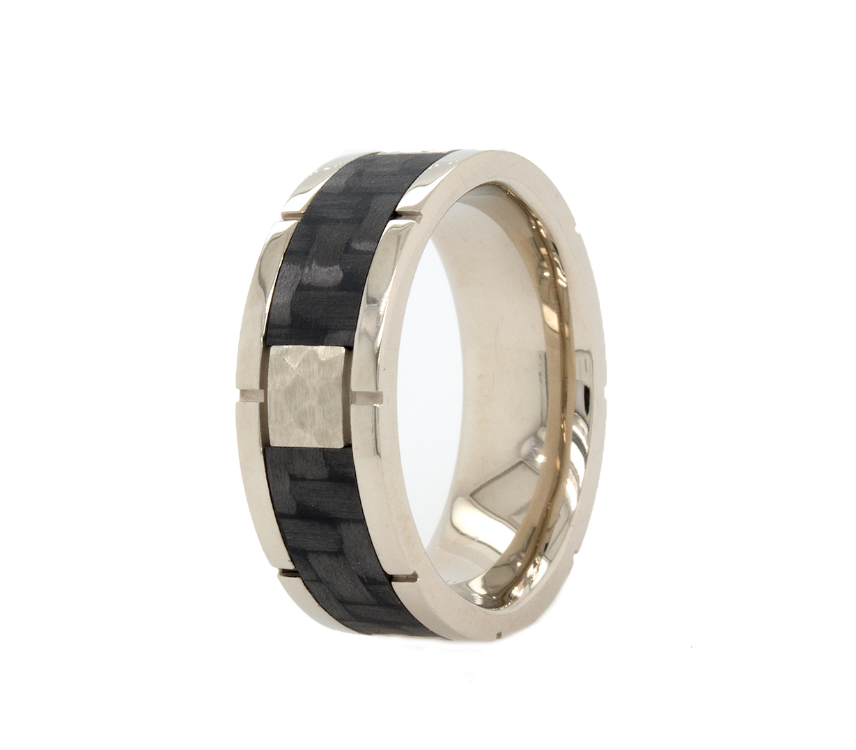 solid gold ring, ring on white background, gold ring, white gold wedding band, ring with carbon fiber, black carbon fiber inlay, square pattern ring, white gold wedding band, mens wedding band