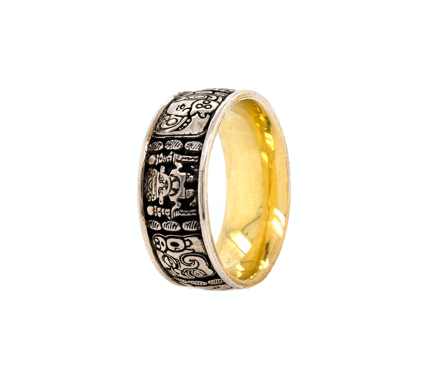 ring, ring on white background, silver ring, sterling silver ring, yellow gold plating, oxidized silver, mayan ring, mayan symbols, ancient symbols, silver and gold ring, mens rings, women's rings