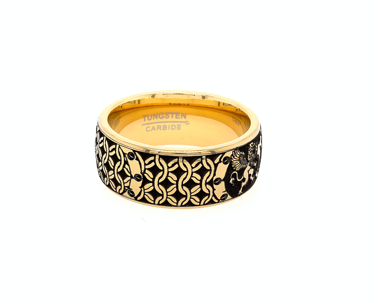 ring, ring with white background, yellow gold plated tungsten, custom engraved wedding band, wedding band, custom engraving, medieval ring, monogram ring, initial ring