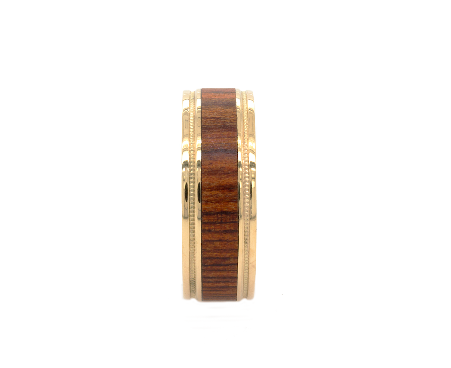ring, ring with white background, gold ring, yellow gold ring, solid gold ring, yellow gold wedding band, wooden ring, wooden wedding band, solid gold and wood ring, 2 grooves, yellow gold