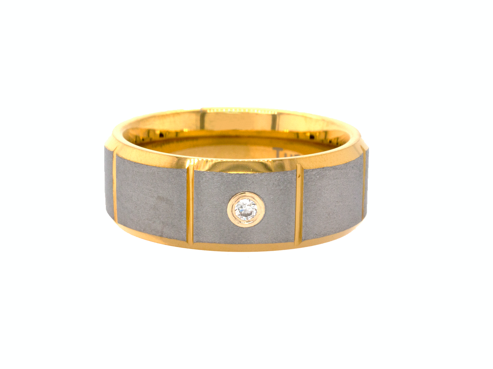 ring, ring on white background, tungsten ring, matte ring, yellow gold ring, gold plated tungsten ring, flat shaped ring, diamond ring, round cut diamond, ring with vertical grooves, textured ring