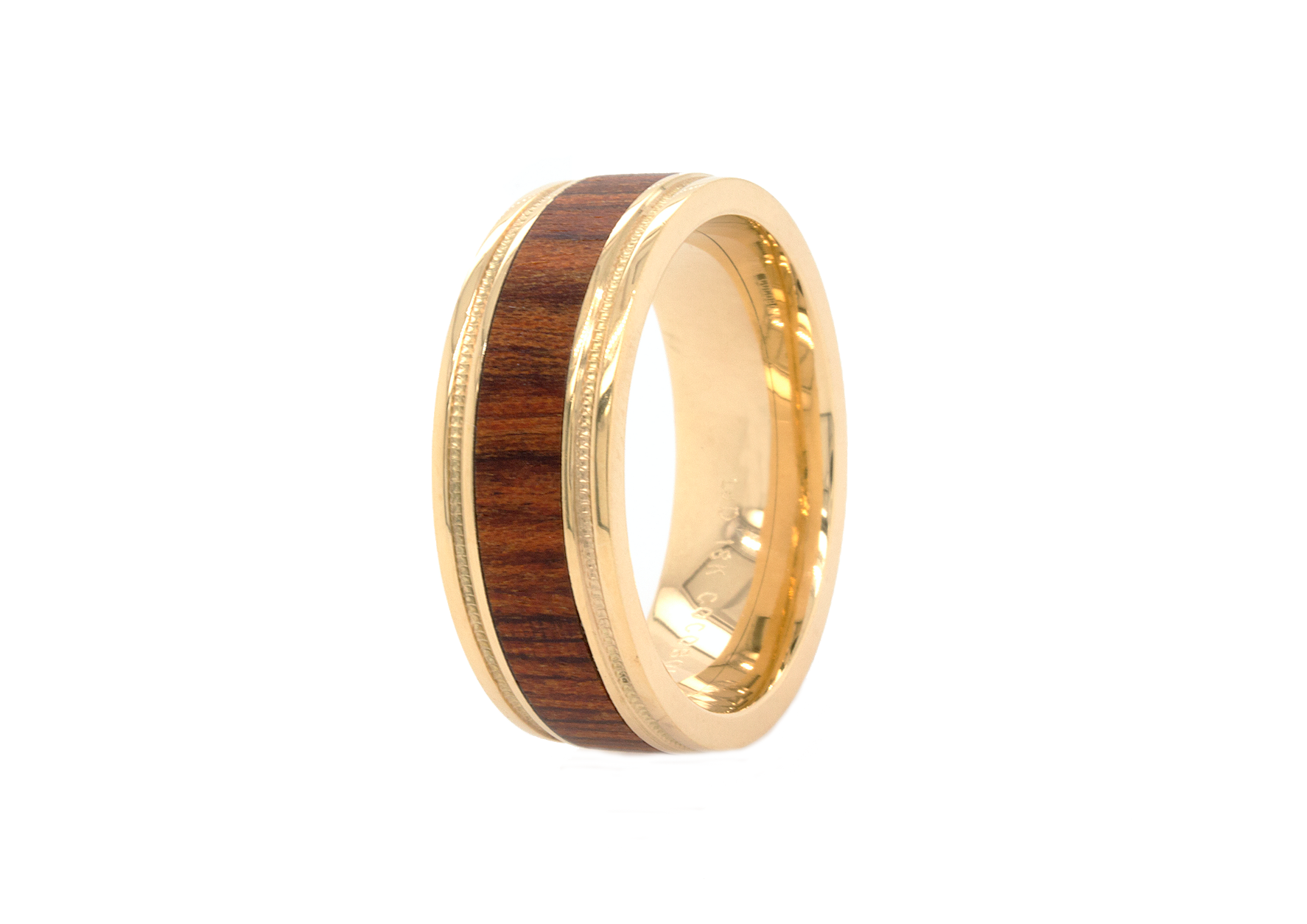 ring, ring with white background, gold ring, yellow gold ring, solid gold ring, yellow gold wedding band, wooden ring, wooden wedding band, solid gold and wood ring, 2 grooves, yellow gold