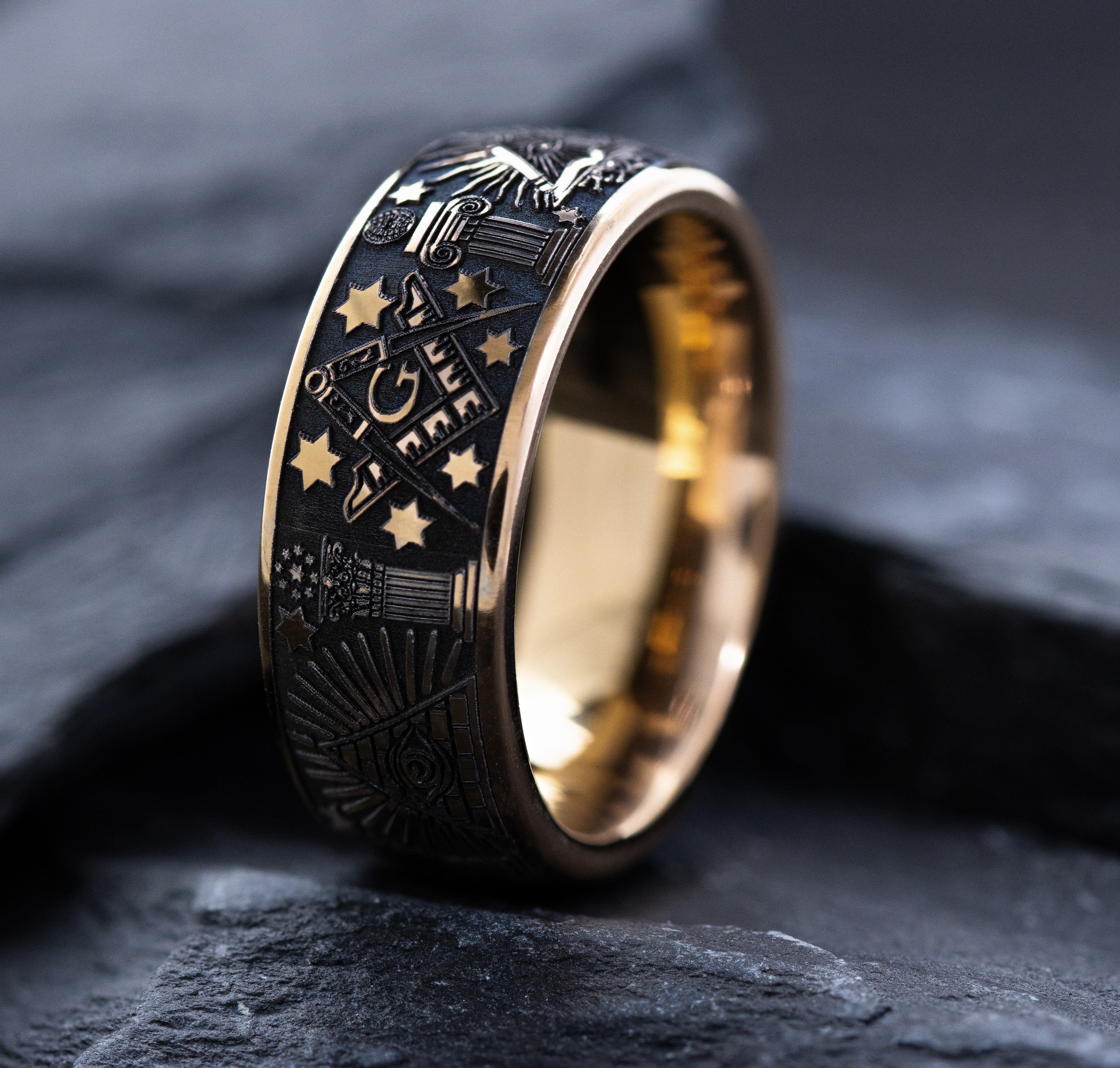 8mm Rose Gold Plated Tantalum Ring with Deep Engraved Masonic Symbols