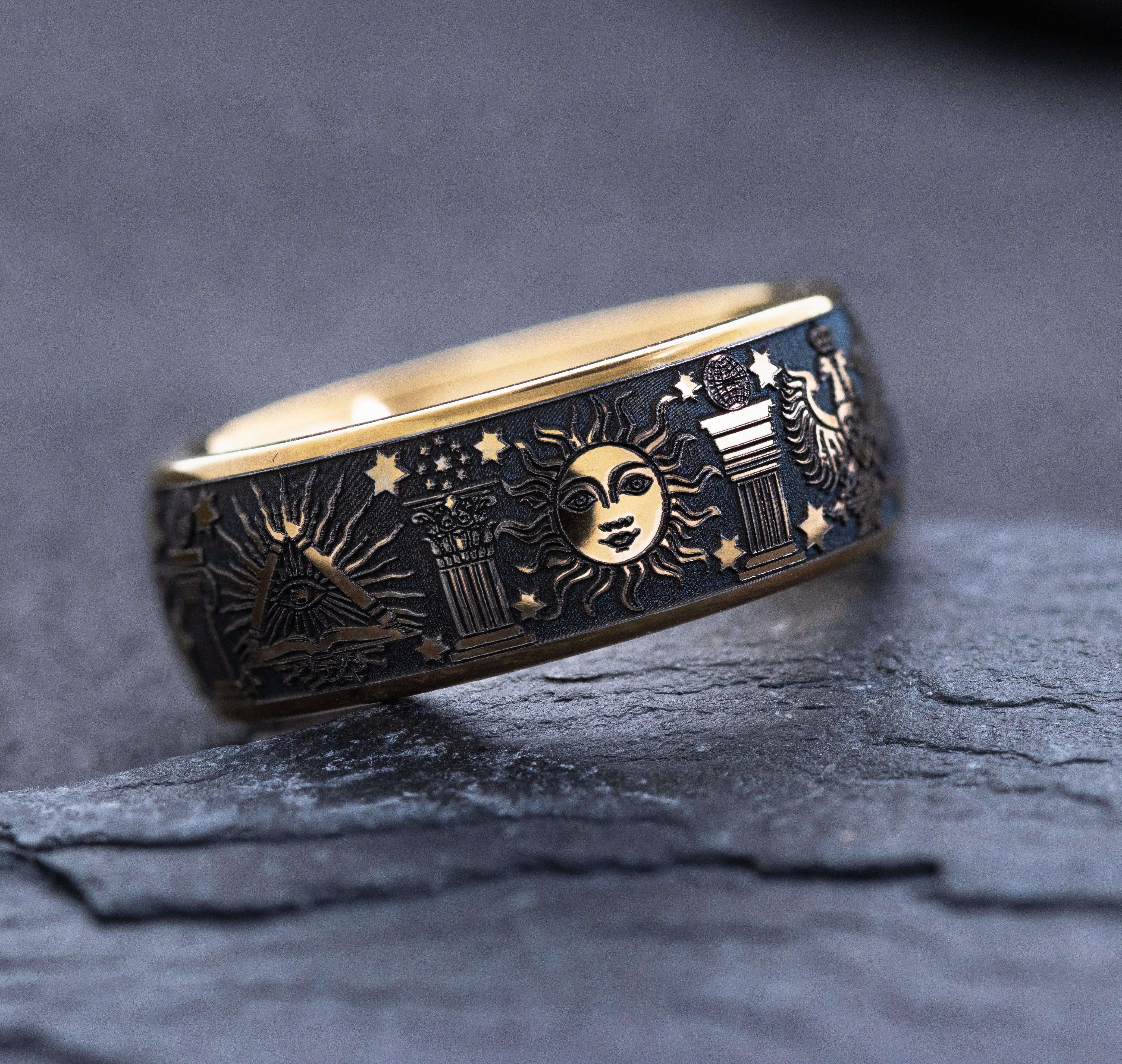 8mm Rose Gold Plated Tantalum Ring with Deep Engraved Masonic Symbols