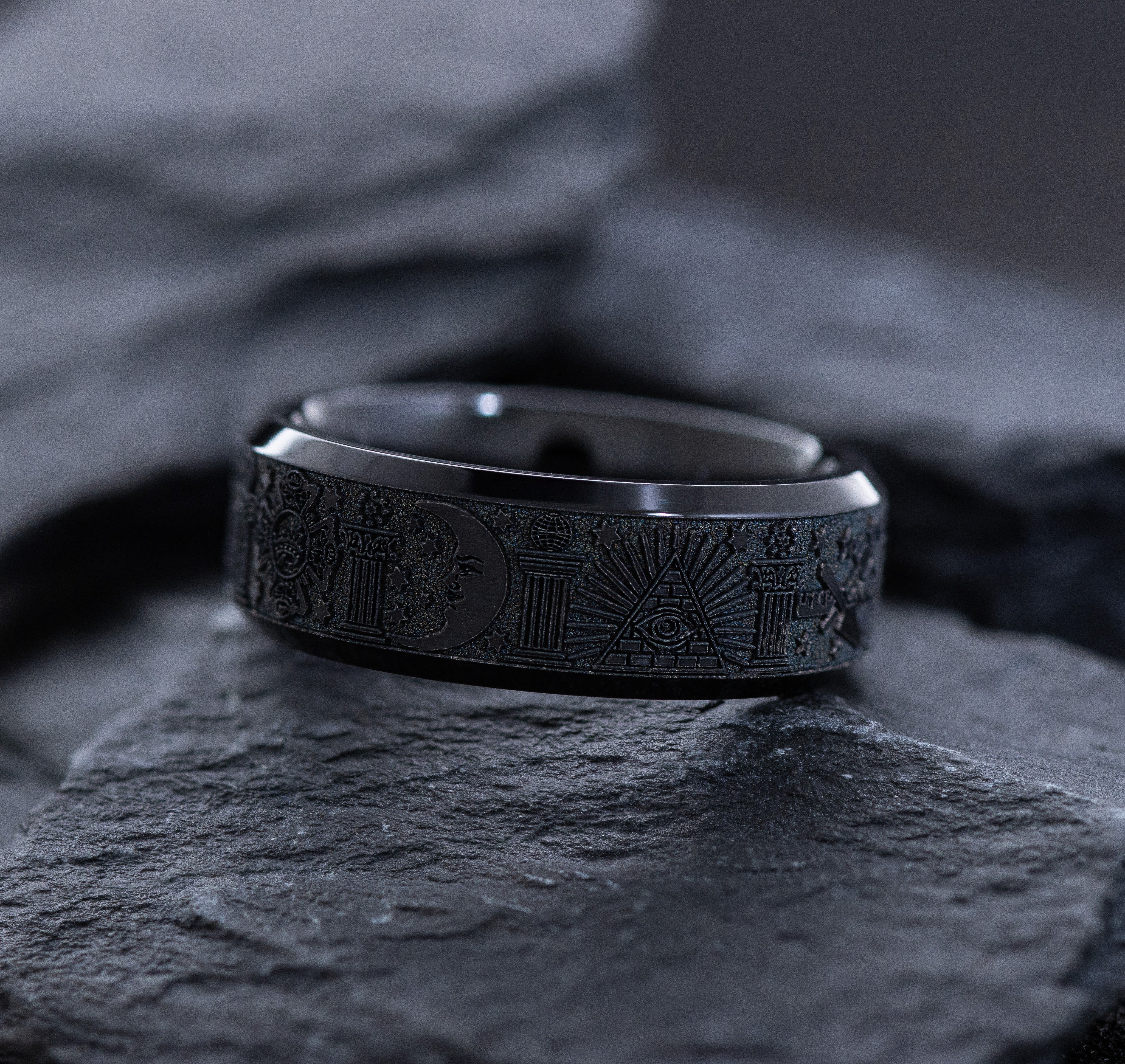 Black on Black 8mm Titanium Ring with Deep Engraved Masonic Symbolism