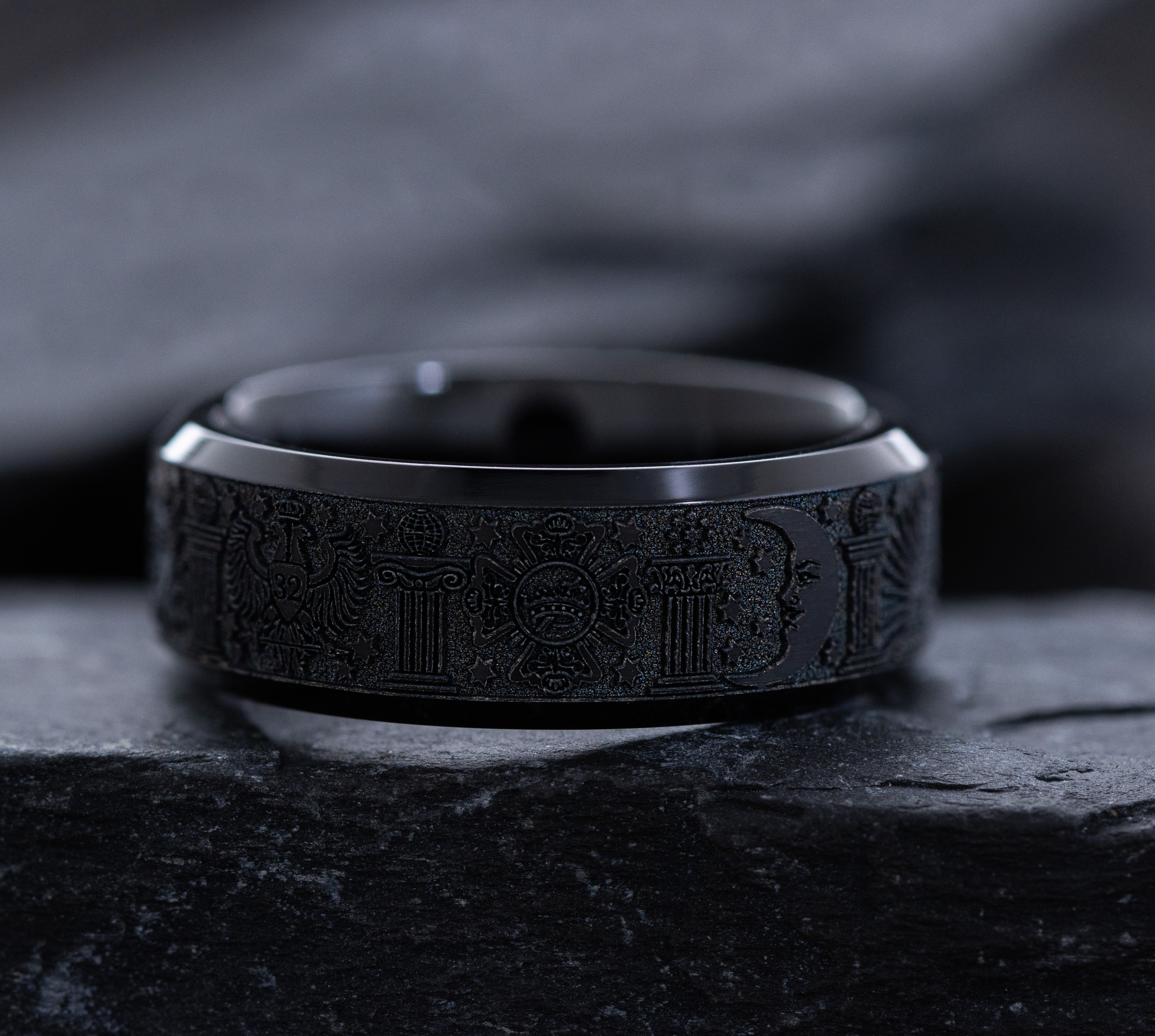 Black on Black 8mm Titanium Ring with Deep Engraved Masonic Symbolism