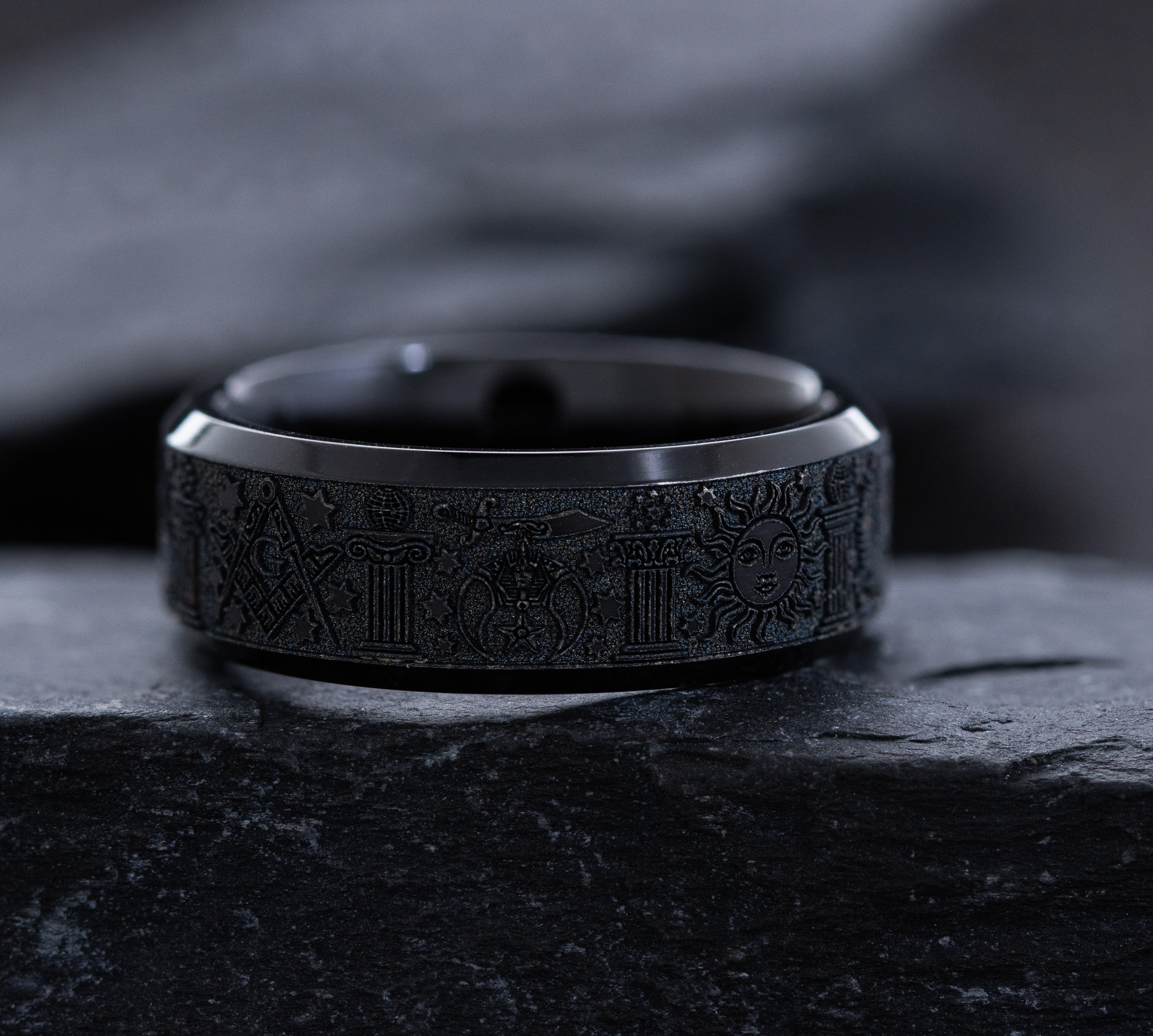 Black on Black 8mm Titanium Ring with Deep Engraved Masonic Symbolism