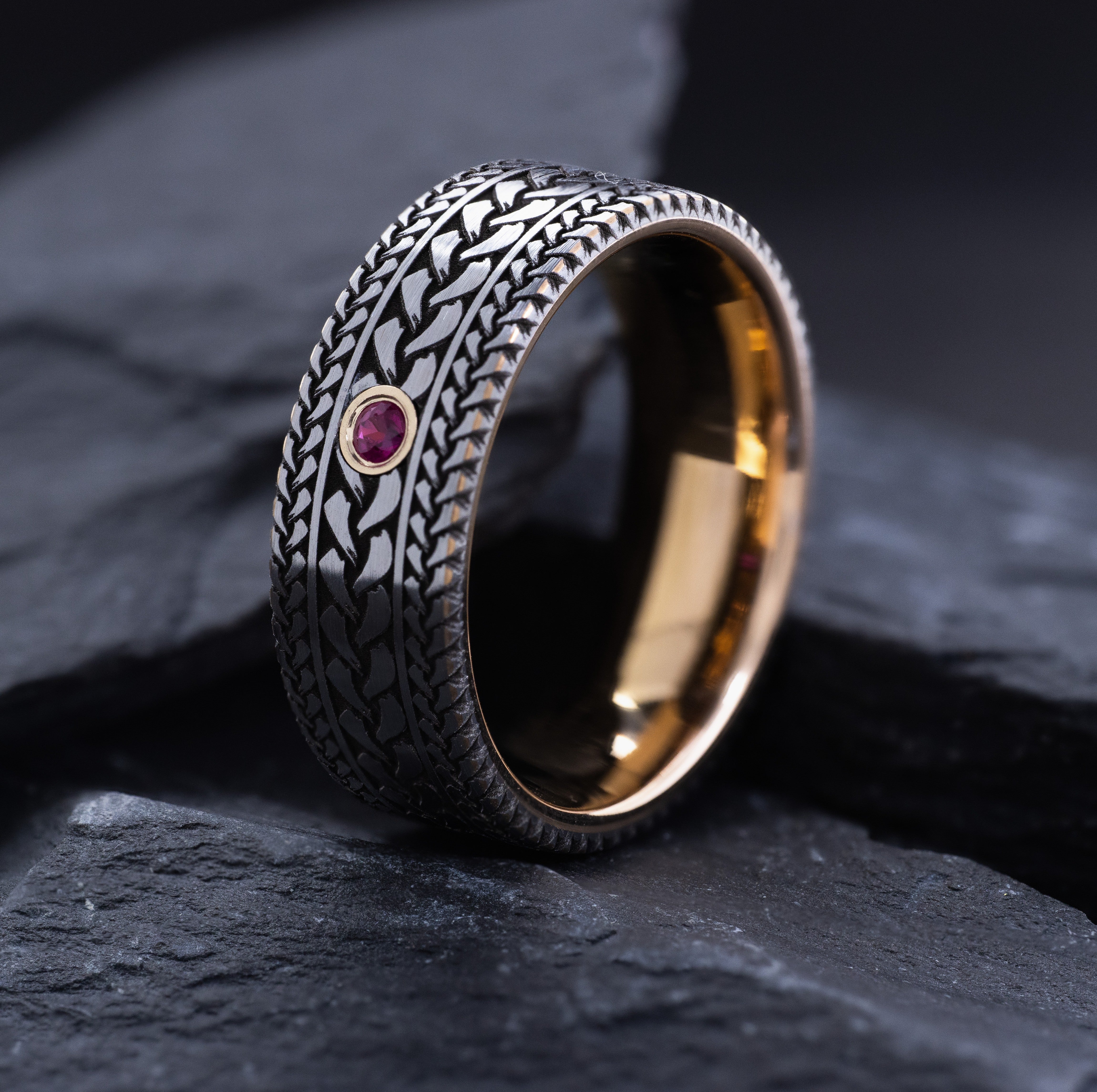 Tungsten Carbide 8mm Ring with Rose Gold Plating, Gemstone and Deep Engraved Celtic Knots
