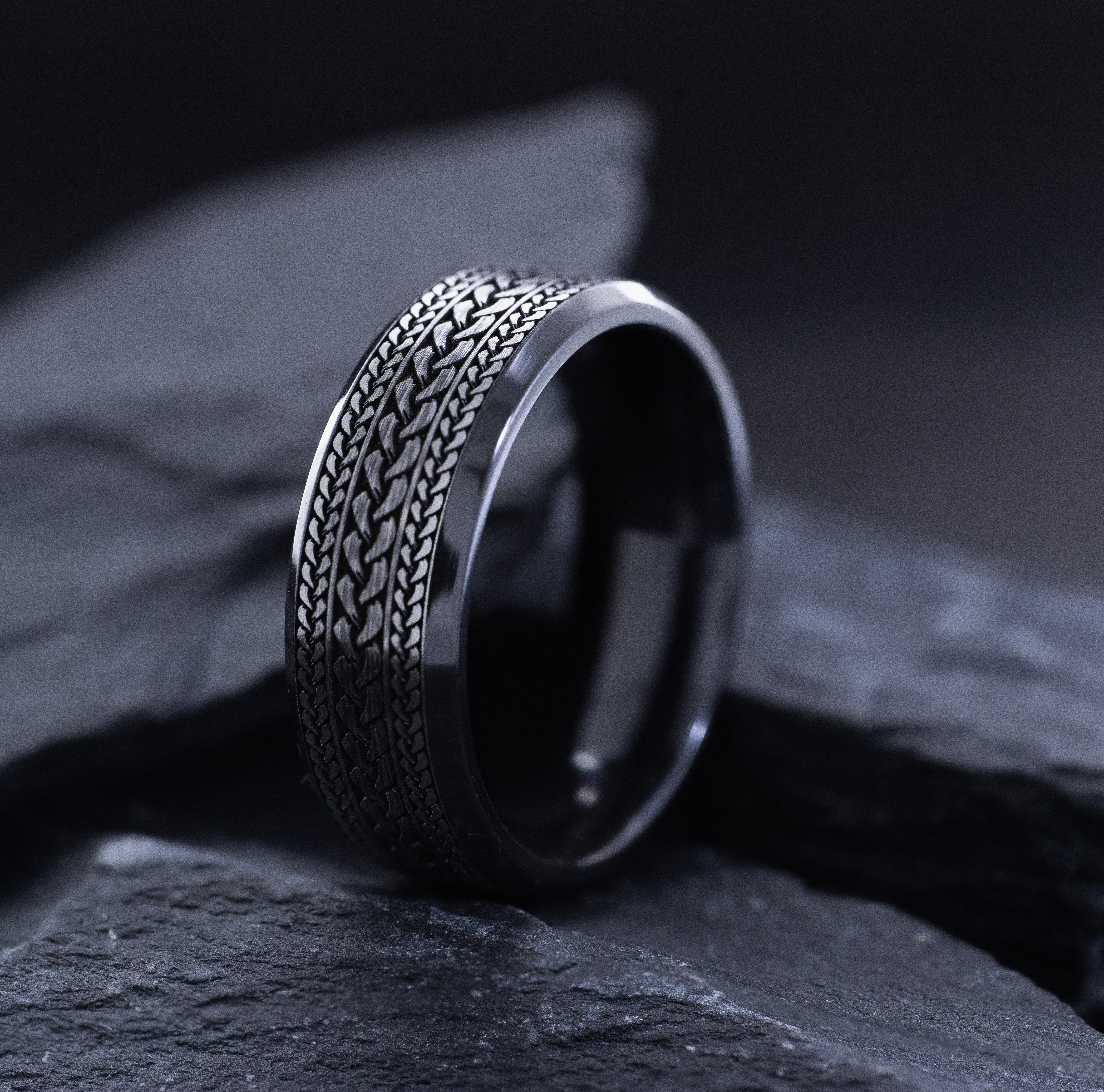 8mm Black Titanium Band with Deep Engraved Braid