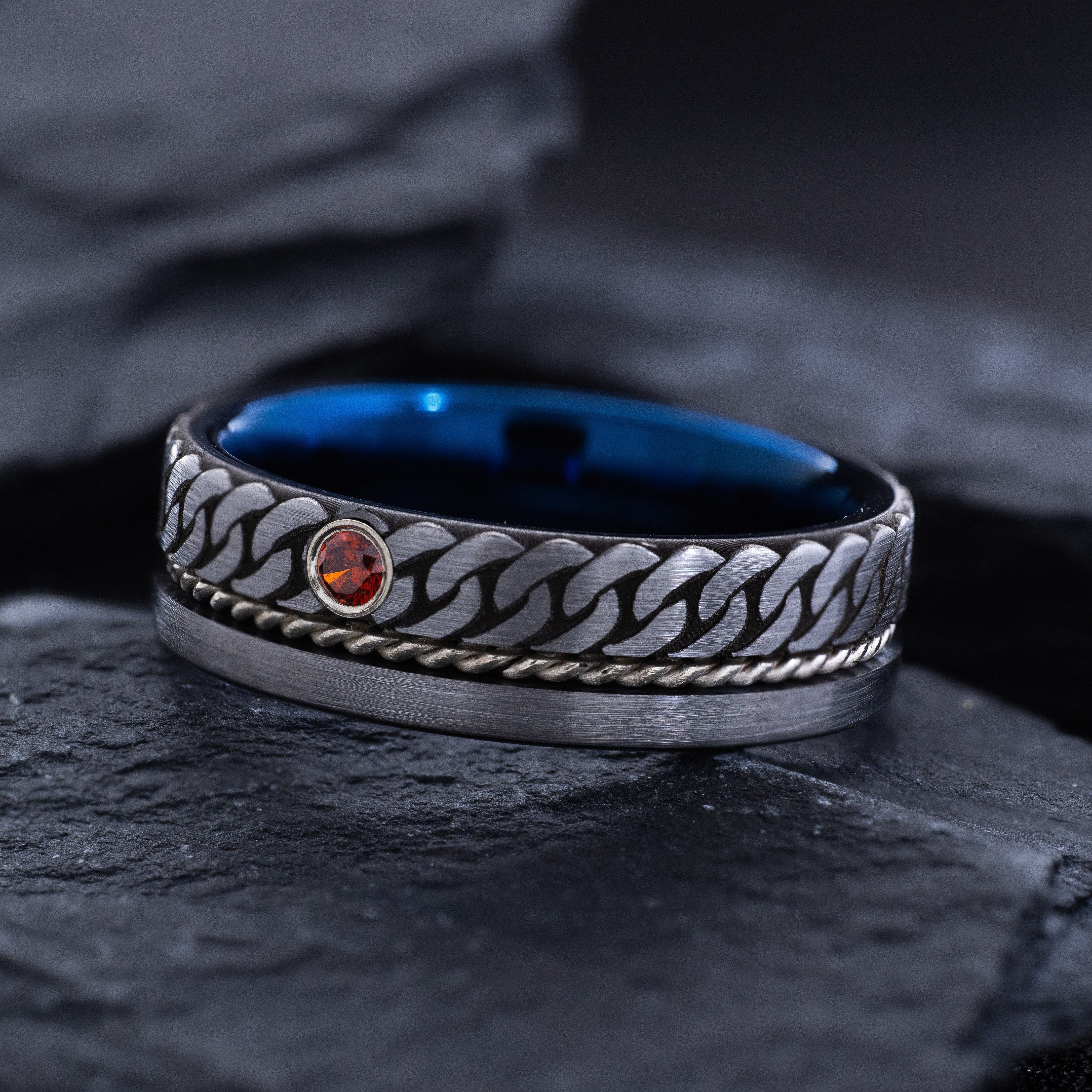 7mm Blue Tungsten Carbide Band with Twisted Rope, Deep Engraved Celtic Knot and Gemstone
