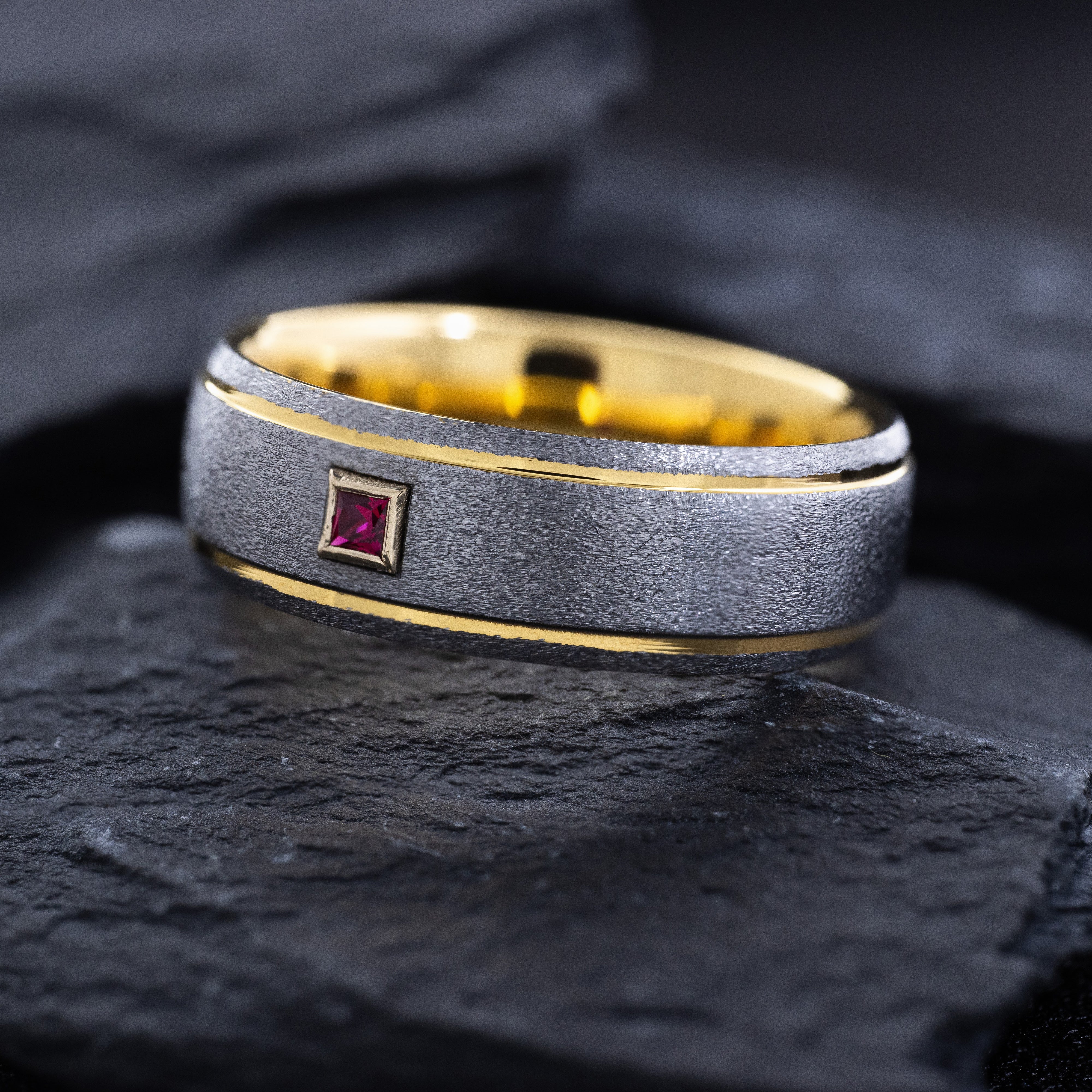 8mm Grooved Yellow Gold Plated Tungsten Carbide Ring with Birthstone