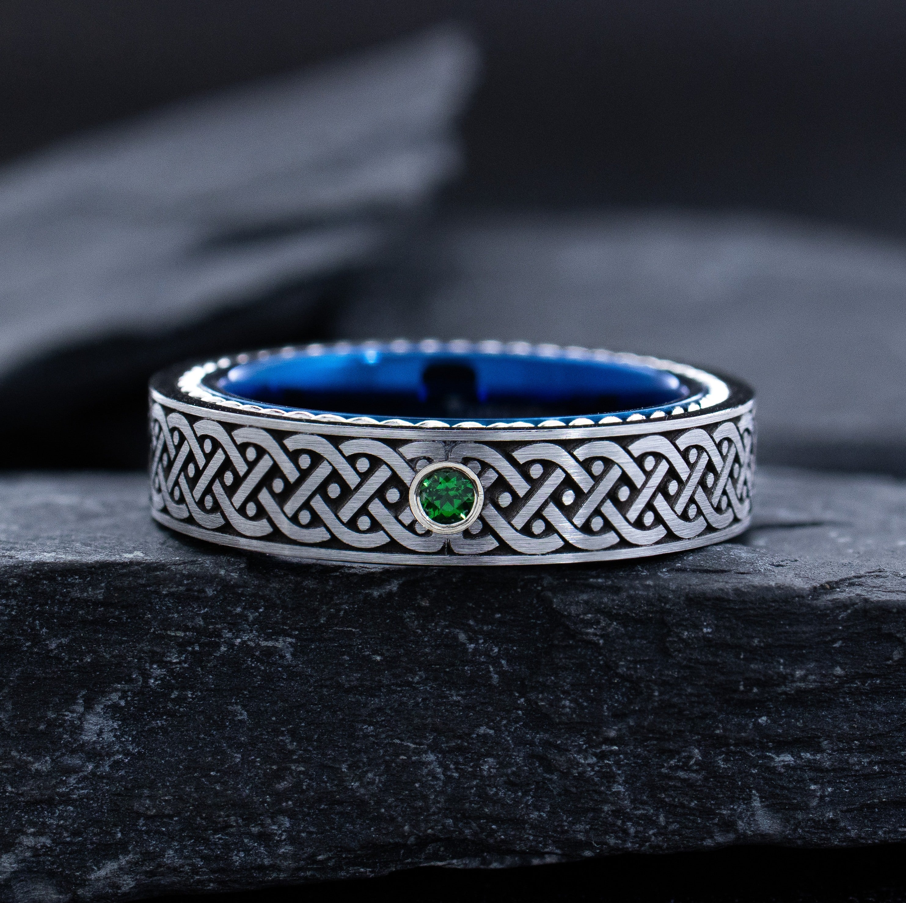 Blue 6mm Tungsten Carbide Ring With Deep Engraved Celtic Knots, Twisted Rope Edges, and Custom Birthstone