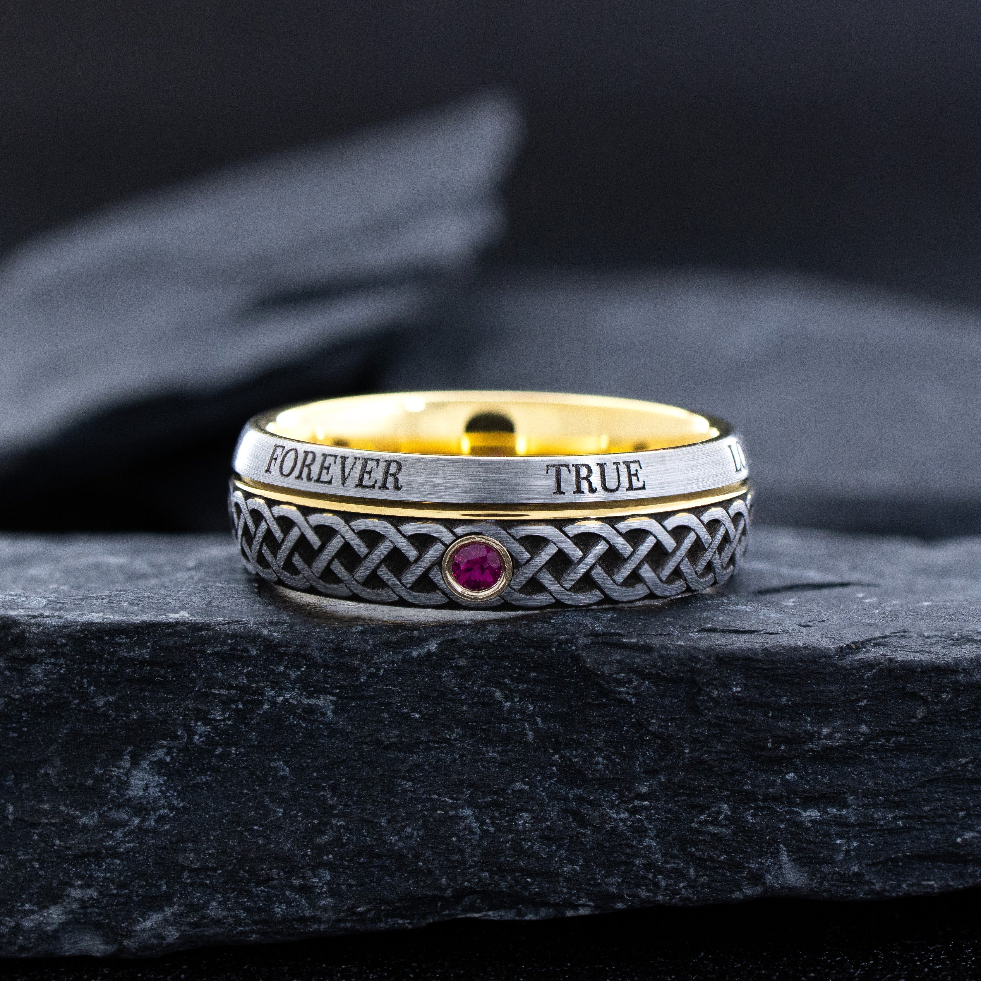 Tungsten Carbide 7mm Ring with Yellow Gold Plating, Gemstone, Engraved Celtic Knot and Romantic Text