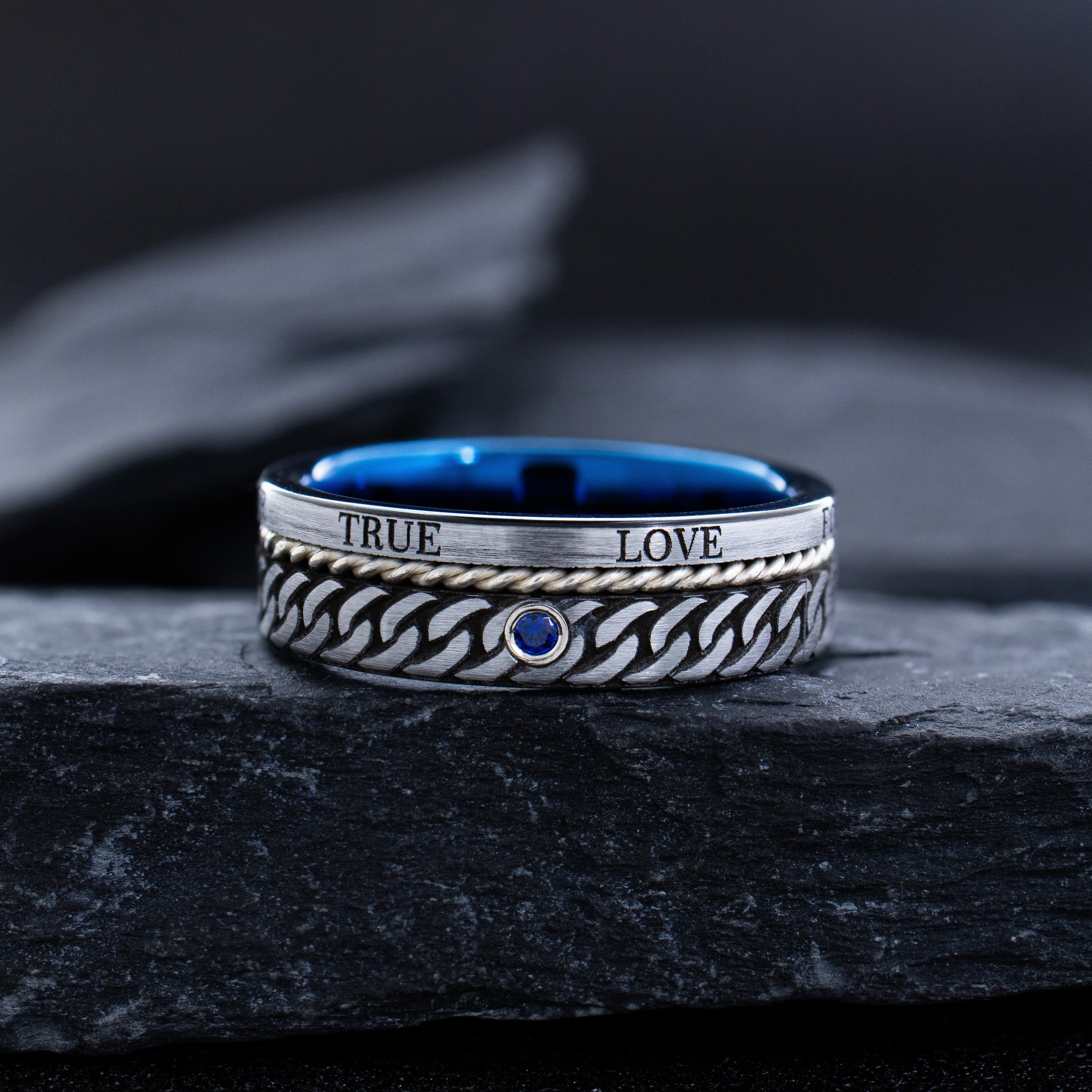 7mm Blue Tungsten Carbide Band with Braided Rope, Deep Engraved Celtic Knot, Birthstone, and Romantic Engravings