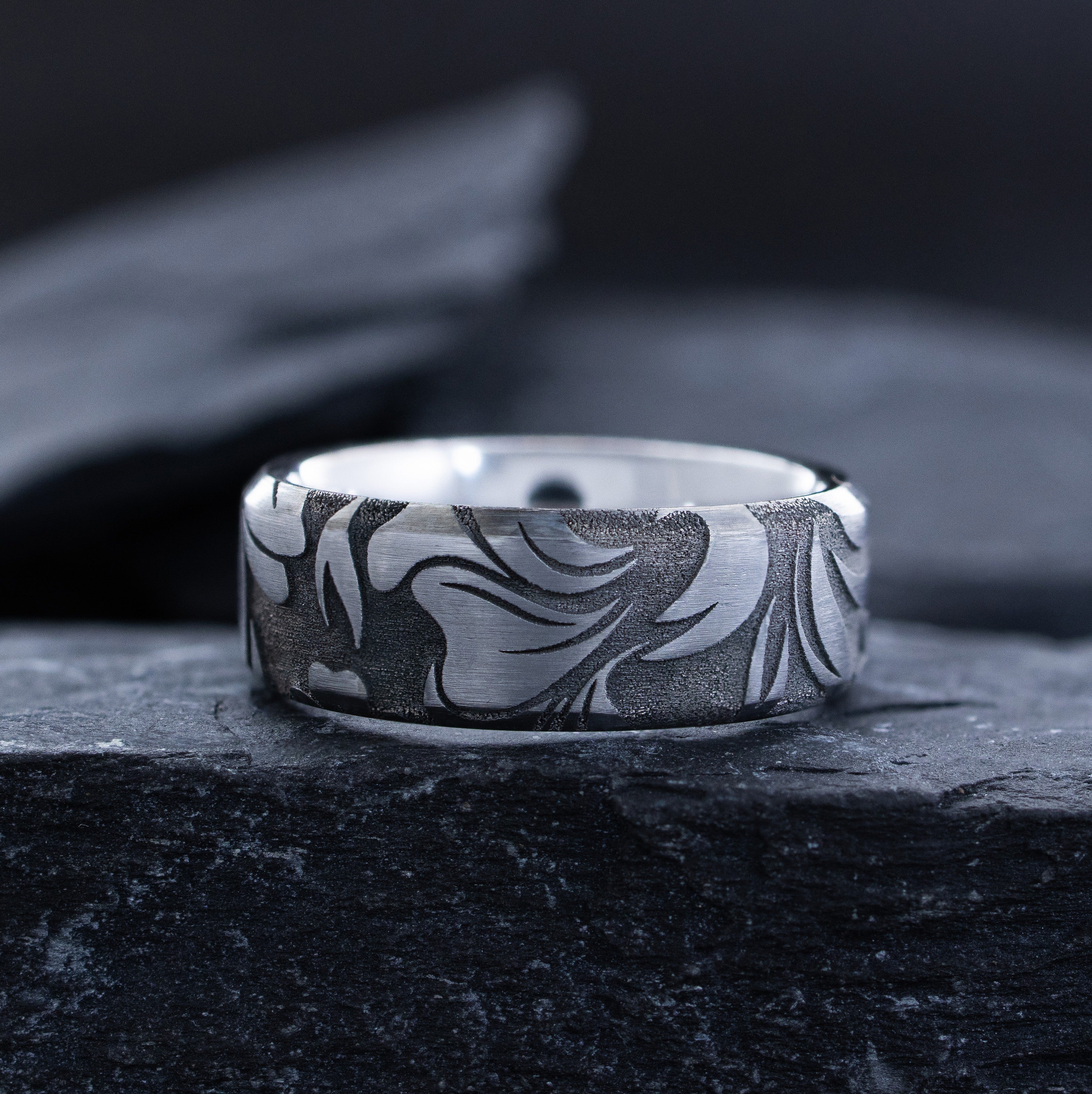 Hawaiian Floral Deep Engraved Tungsten Carbide Ring, 8mm Wedding Band