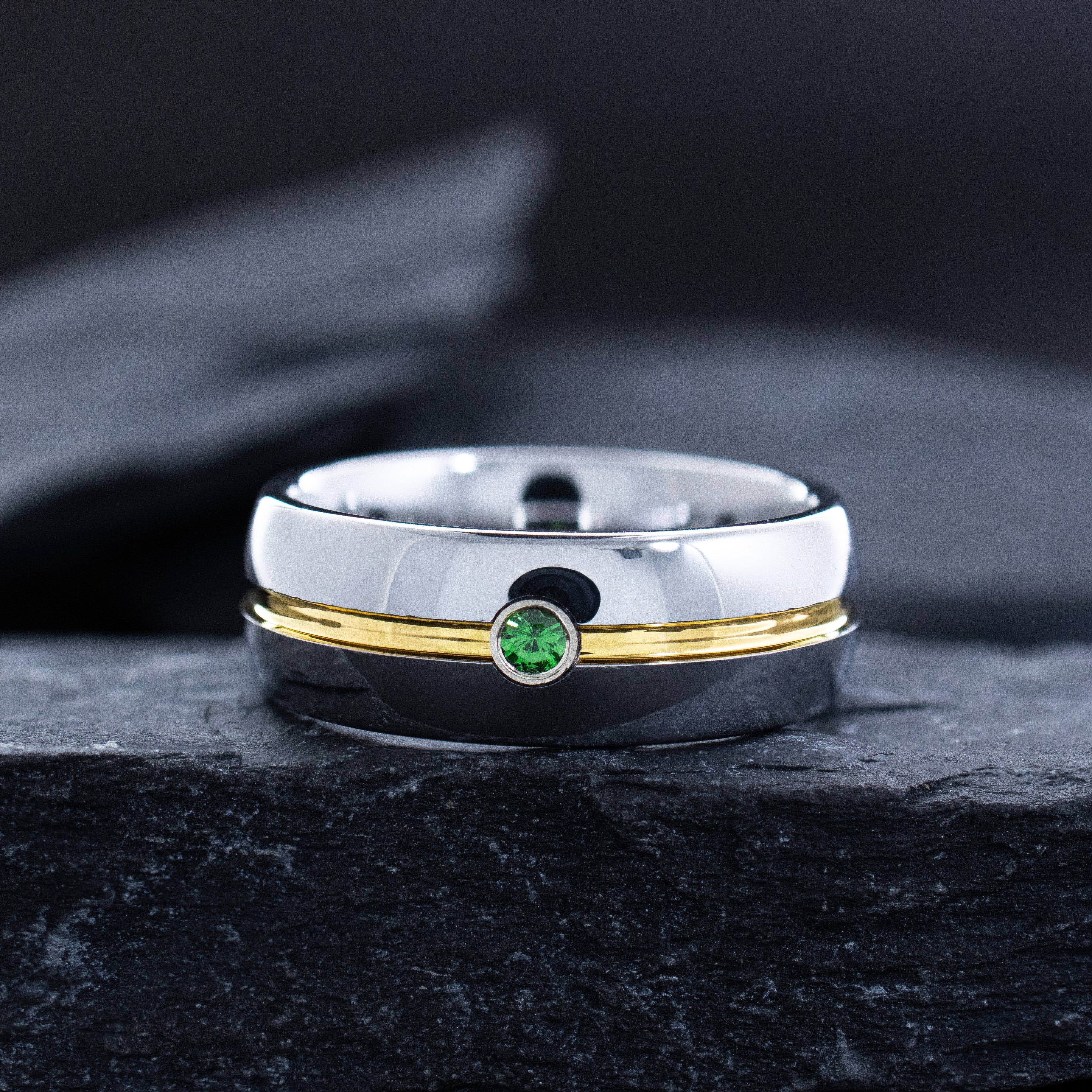 8mm Silver Tungsten Carbide Ring with Yellow Gold Plated Groove and Gemstone