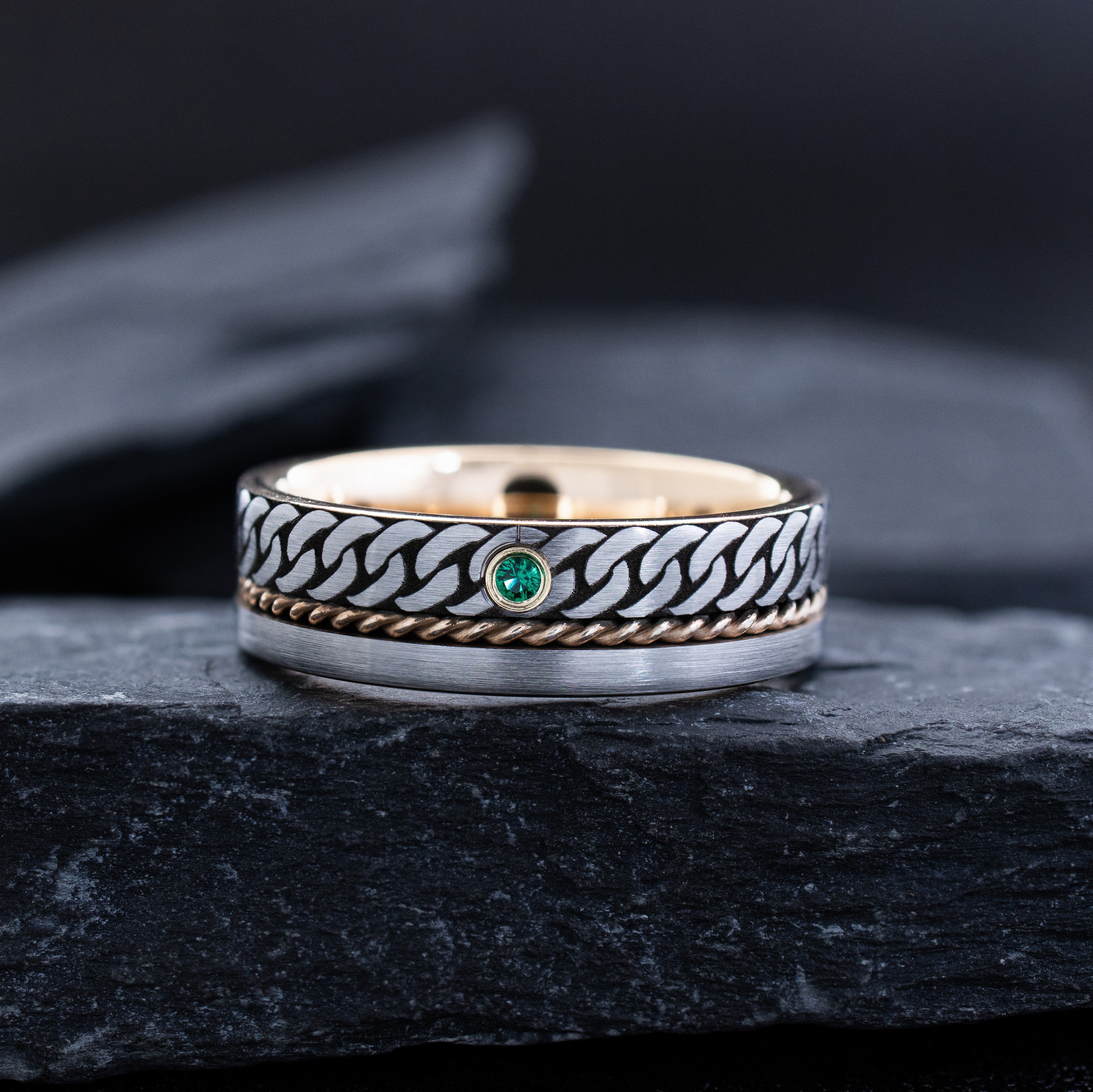 7mm Tungsten Carbide Ring with Rose Gold Rope, Celtic Chain Engraving & Gemstone