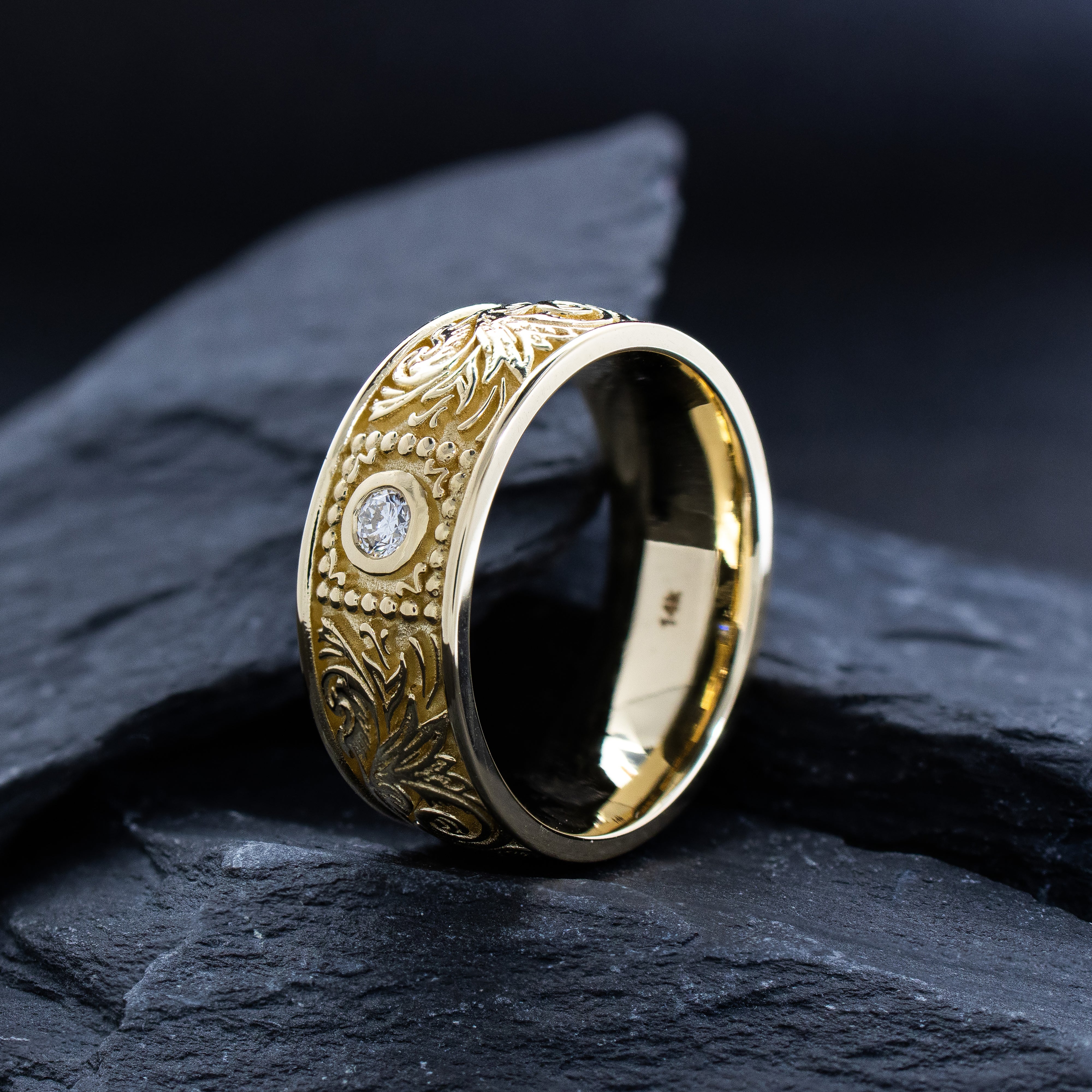 8mm Custom Made, Dome Shaped, Solid Yellow Gold Ring with Victorian Style Engravings and Round Shaped Diamond