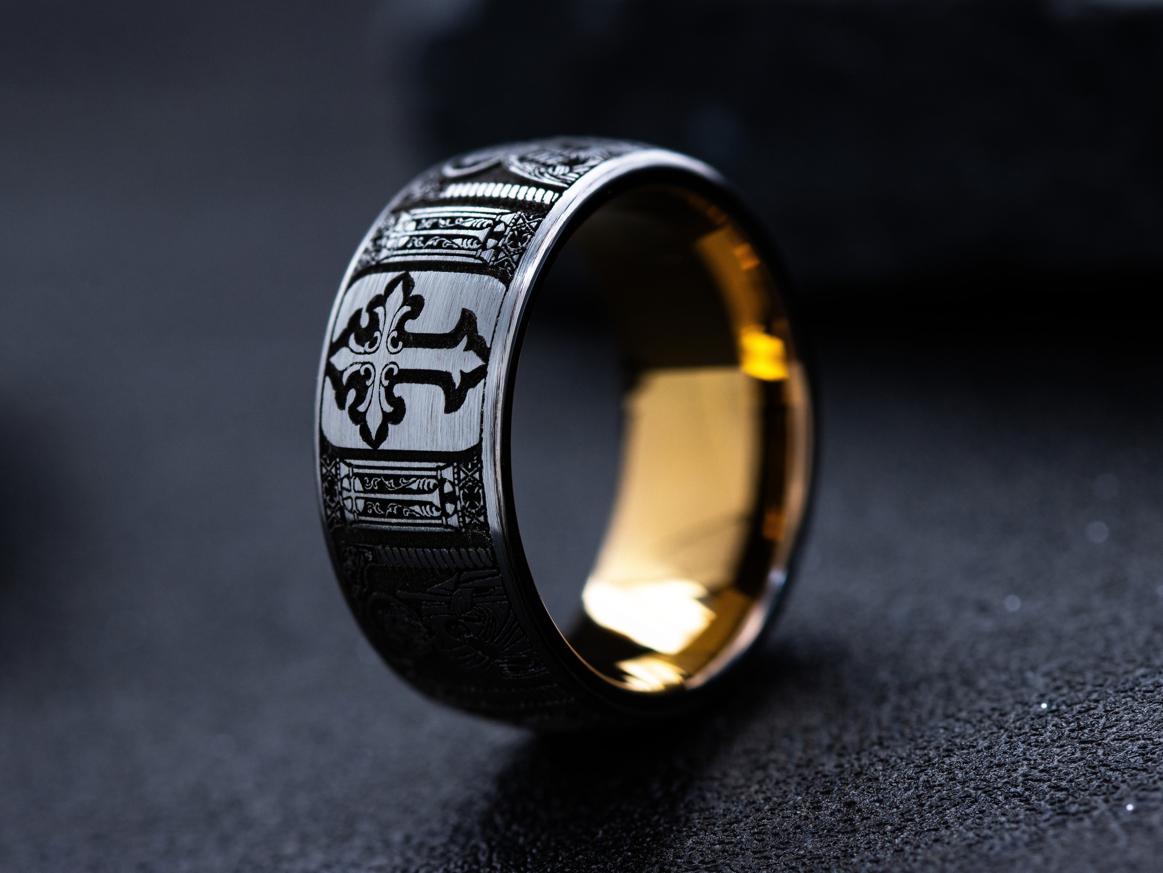 9mm Rose Gold and Black Tungsten Ring with Deep Engraved Christians Saints