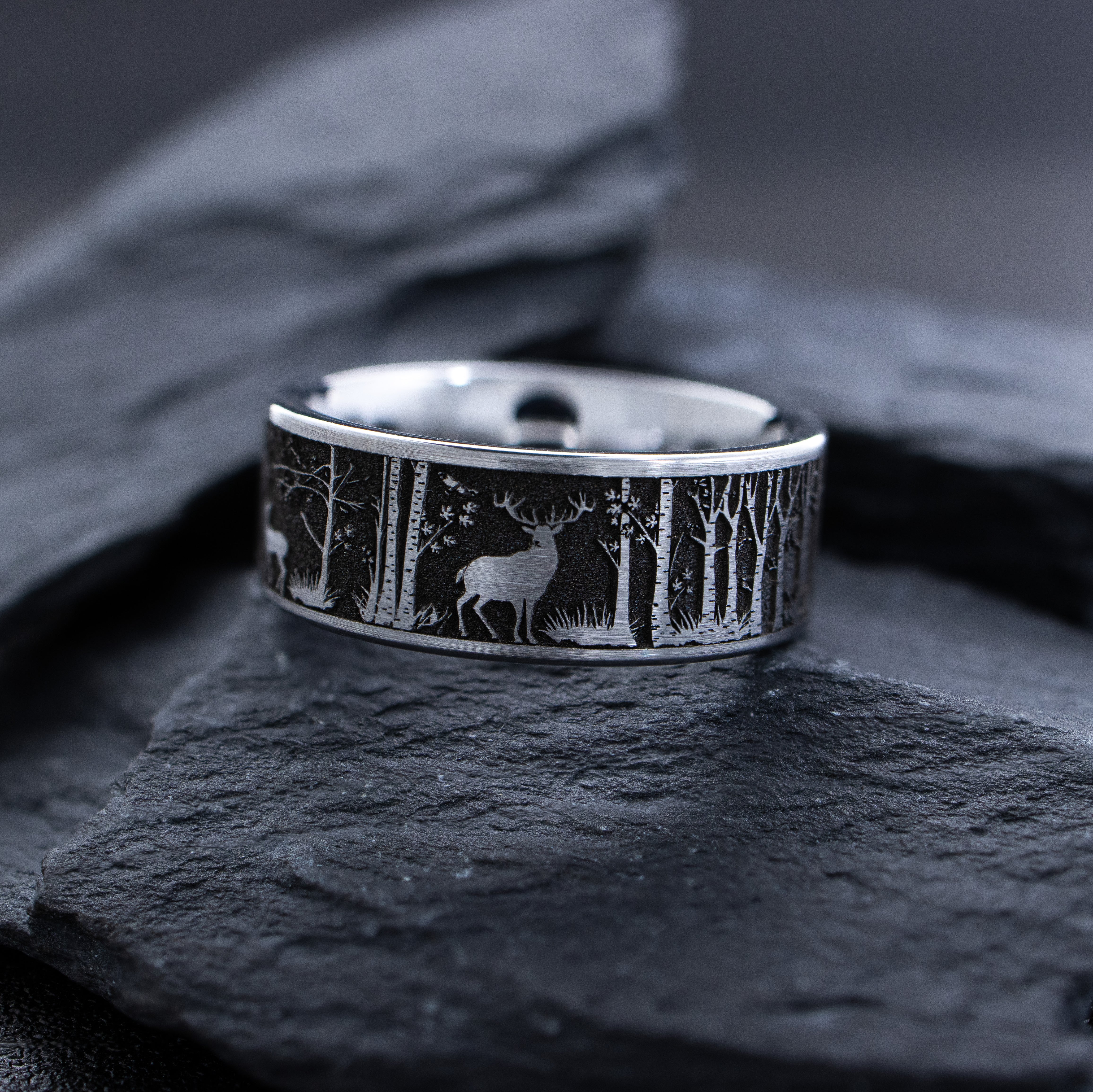 Forest Woodland and Elk Deep Engraved Tungsten Carbide Ring, 9mm Wedding Band Inspired by the Outdoors