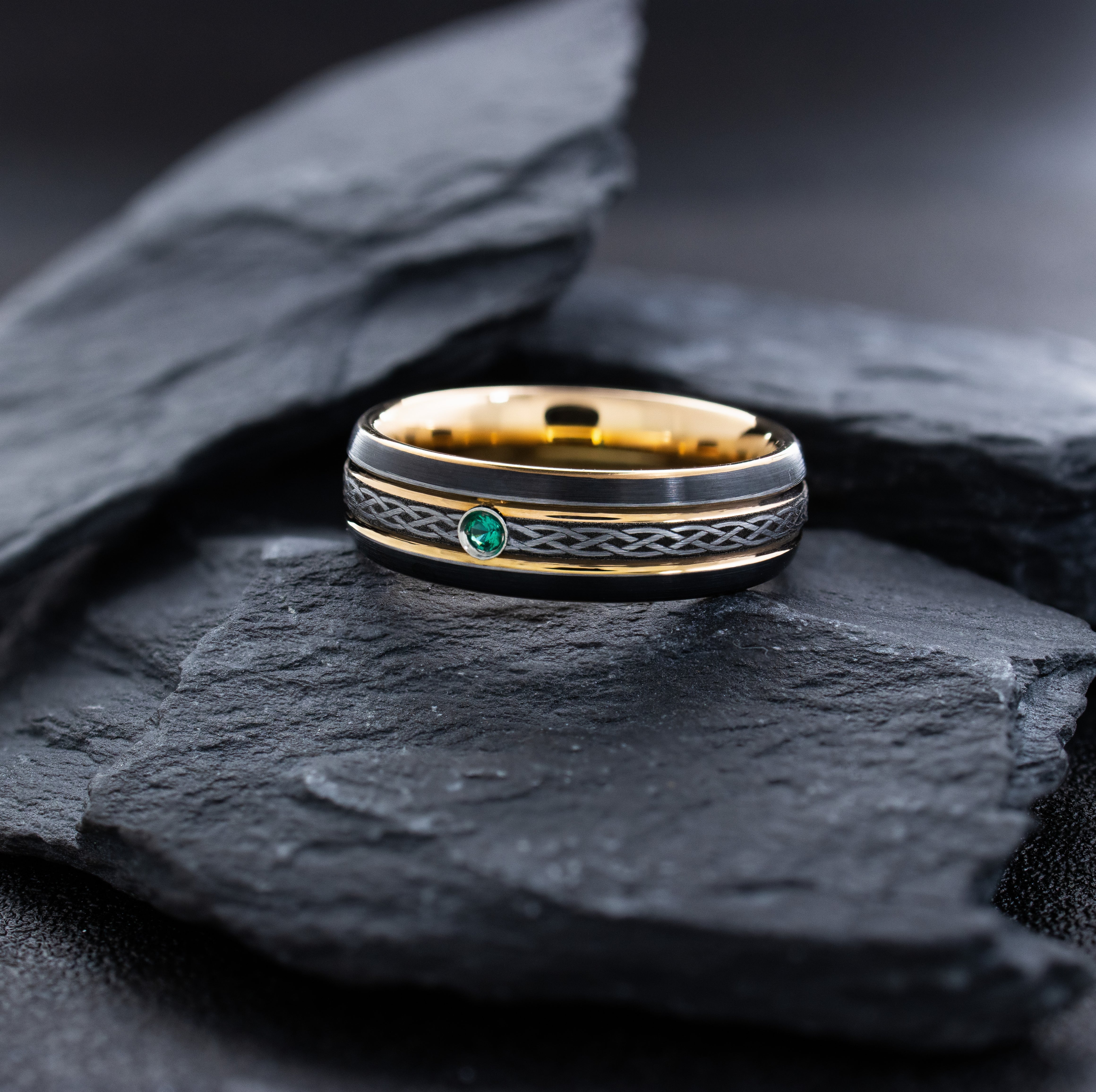 Black 7mm Tungsten Carbide Ring with Rose Gold Plating, Celtic Knot Engraving & Birthstone