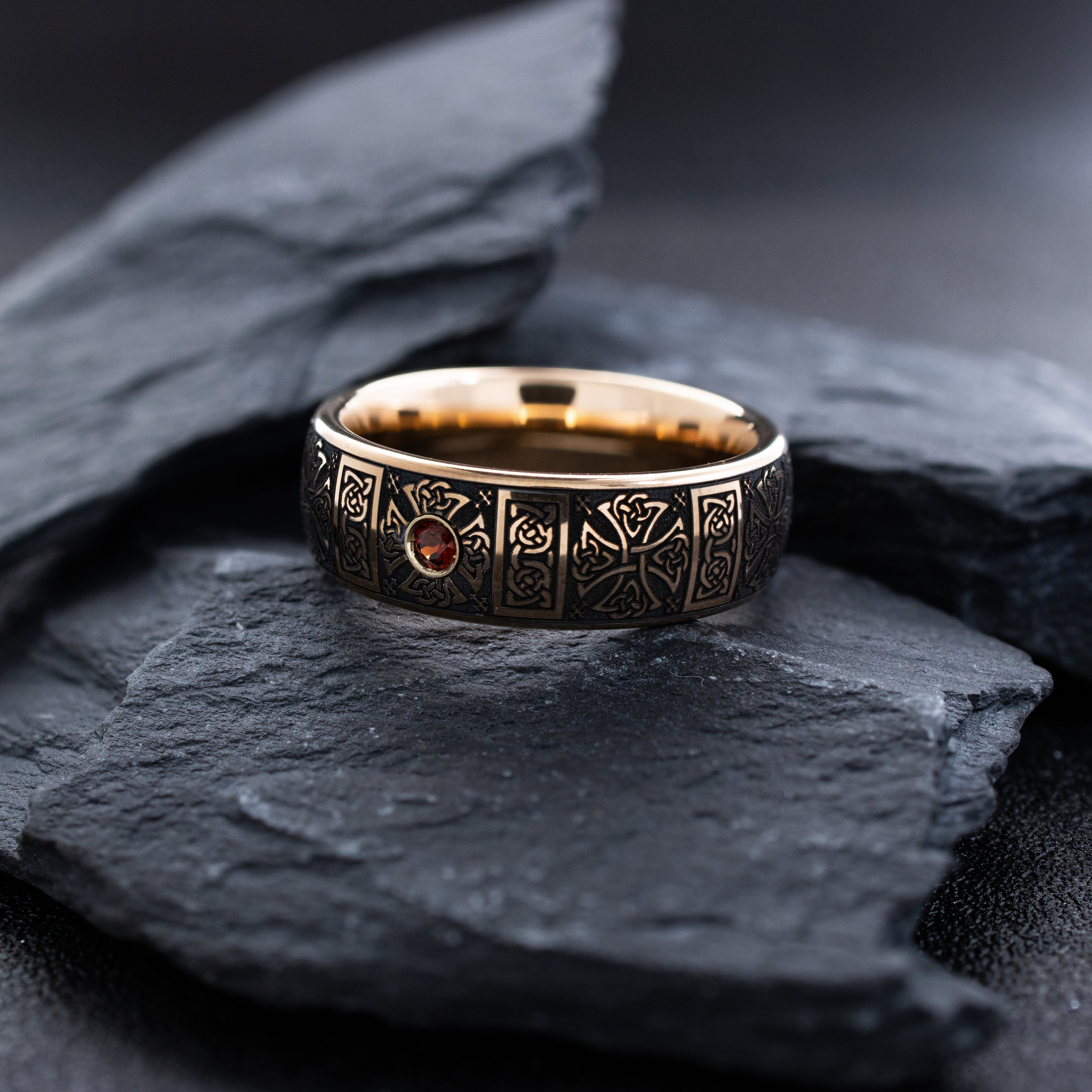 8mm Rose Gold Plated Gemstone Tantalum Ring with Celtic Crosses and Knots