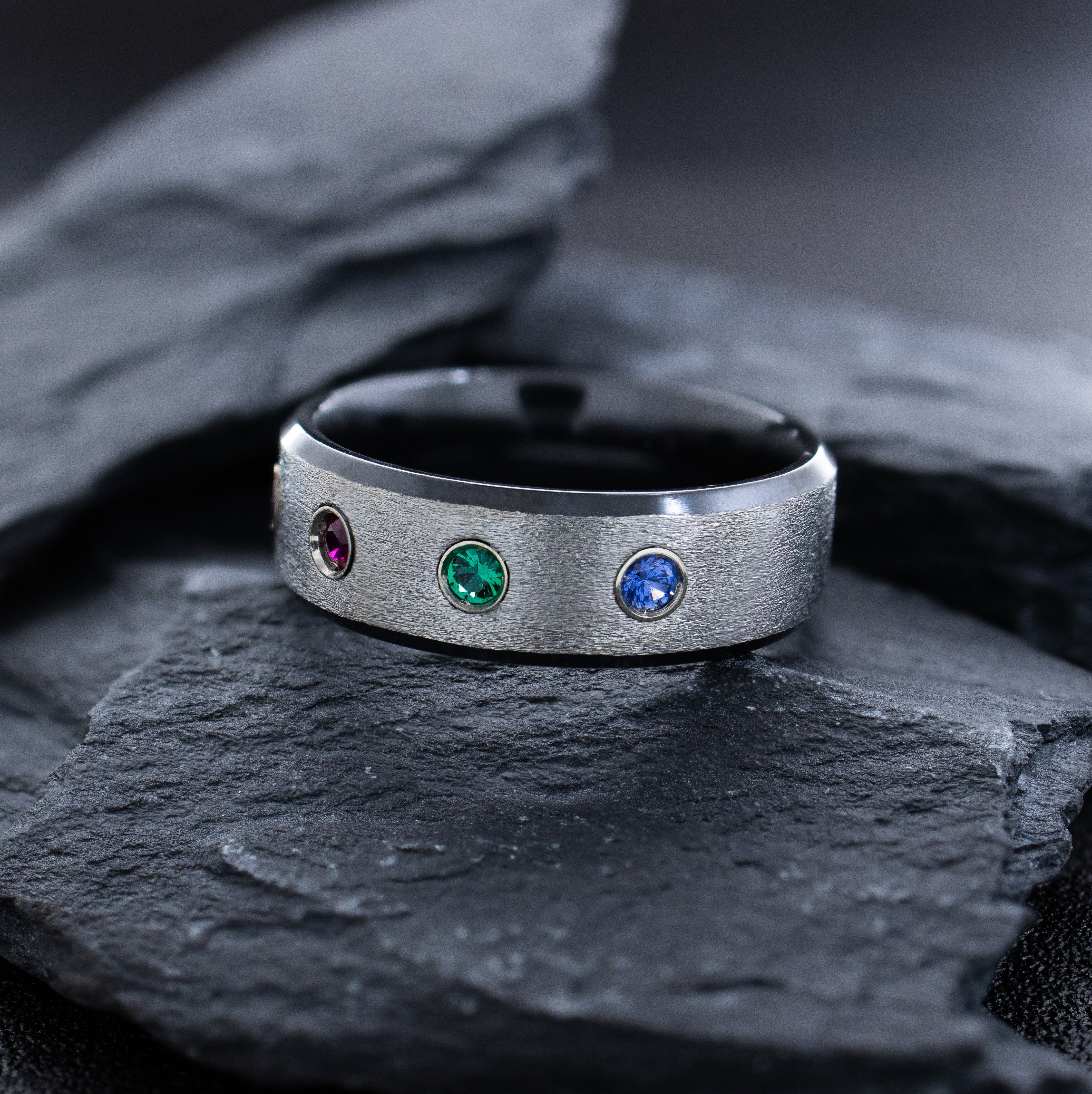 8mm Black Zirconium and Silver Ring with Four Round Cut Gemstones