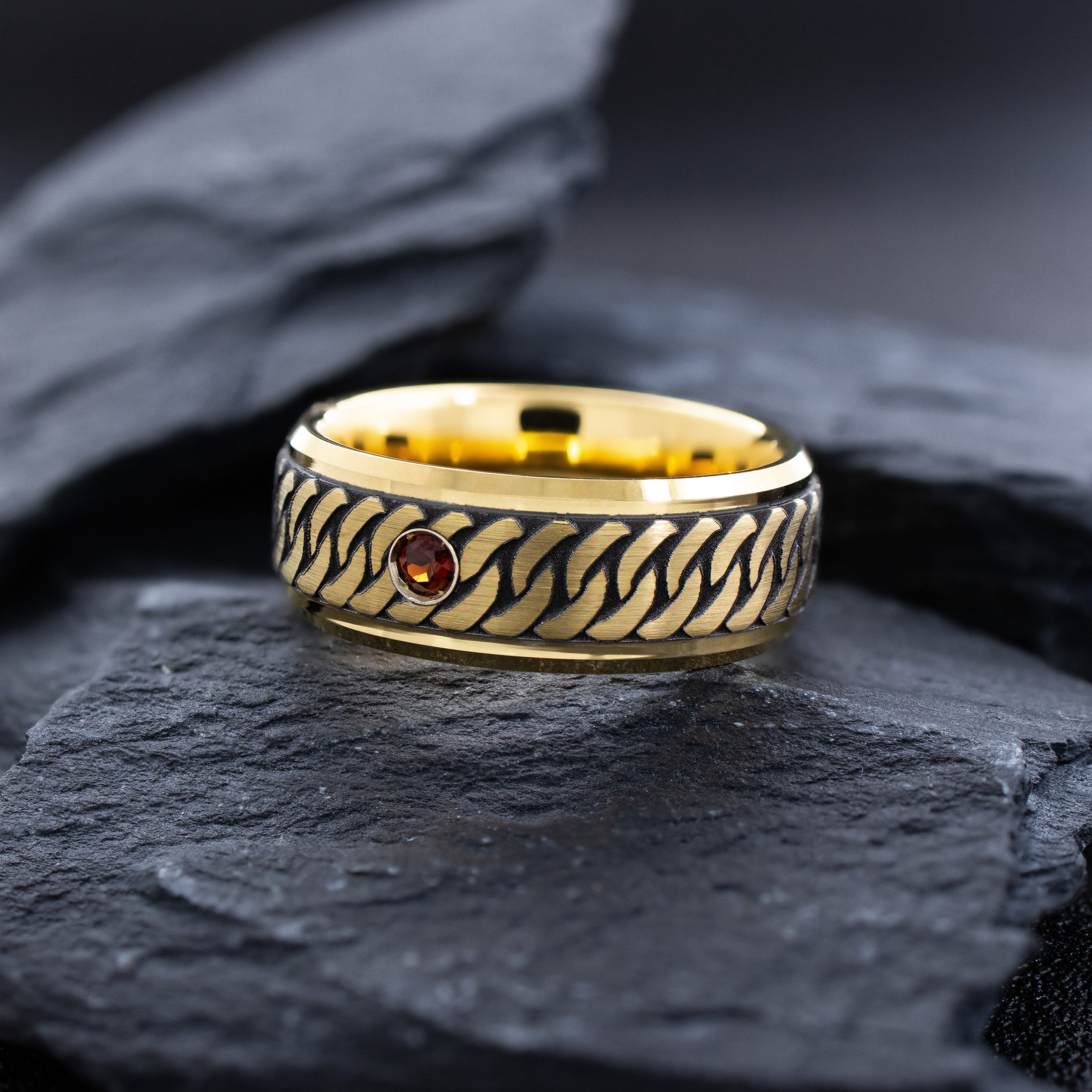 8mm Gold Tungsten Carbide Ring with Deep Braid Engraving & Gemstone