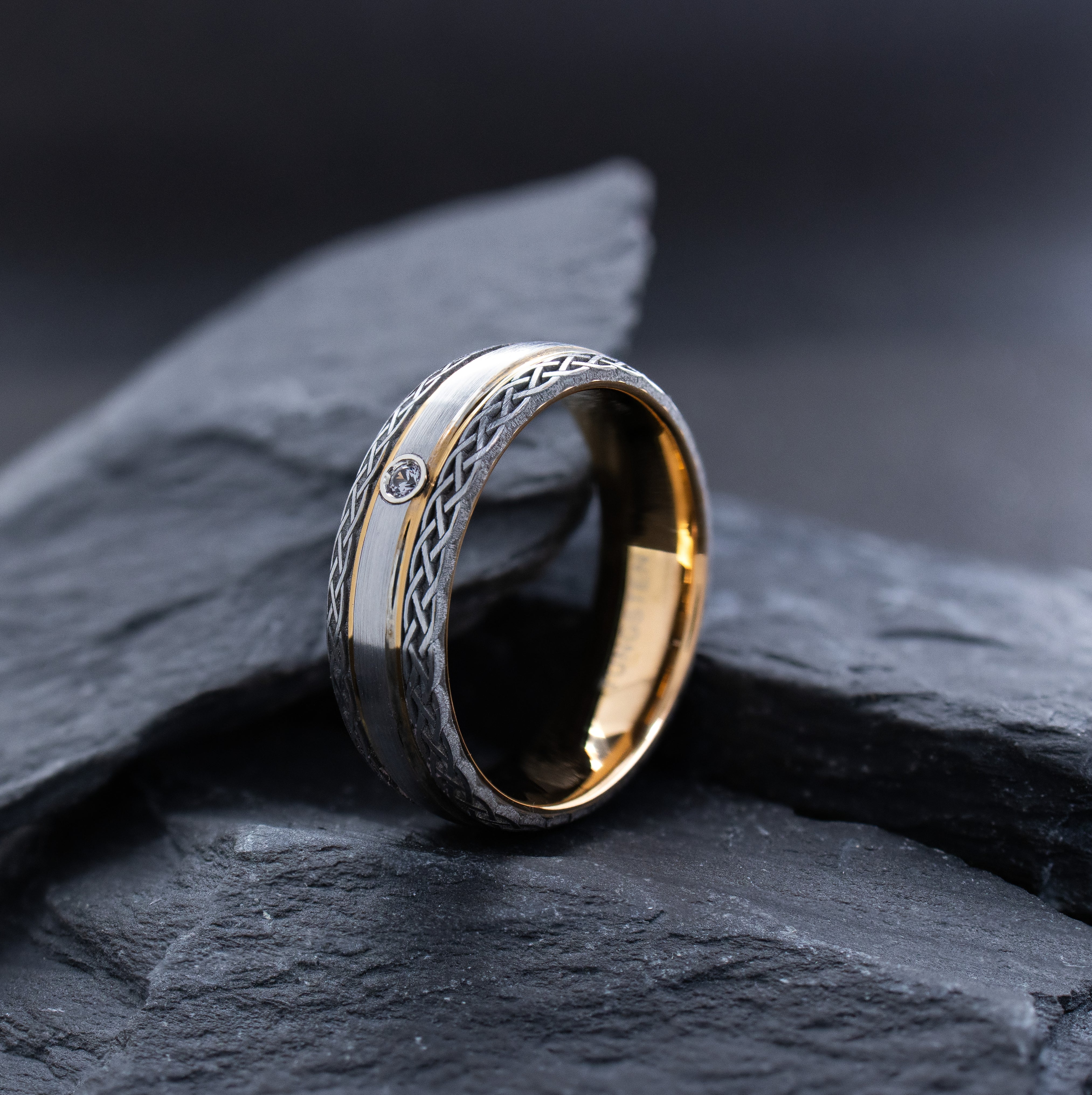 7mm Tungsten Carbide Ring with Rose Gold Plating, Celtic Knot Engravings and Gemstone