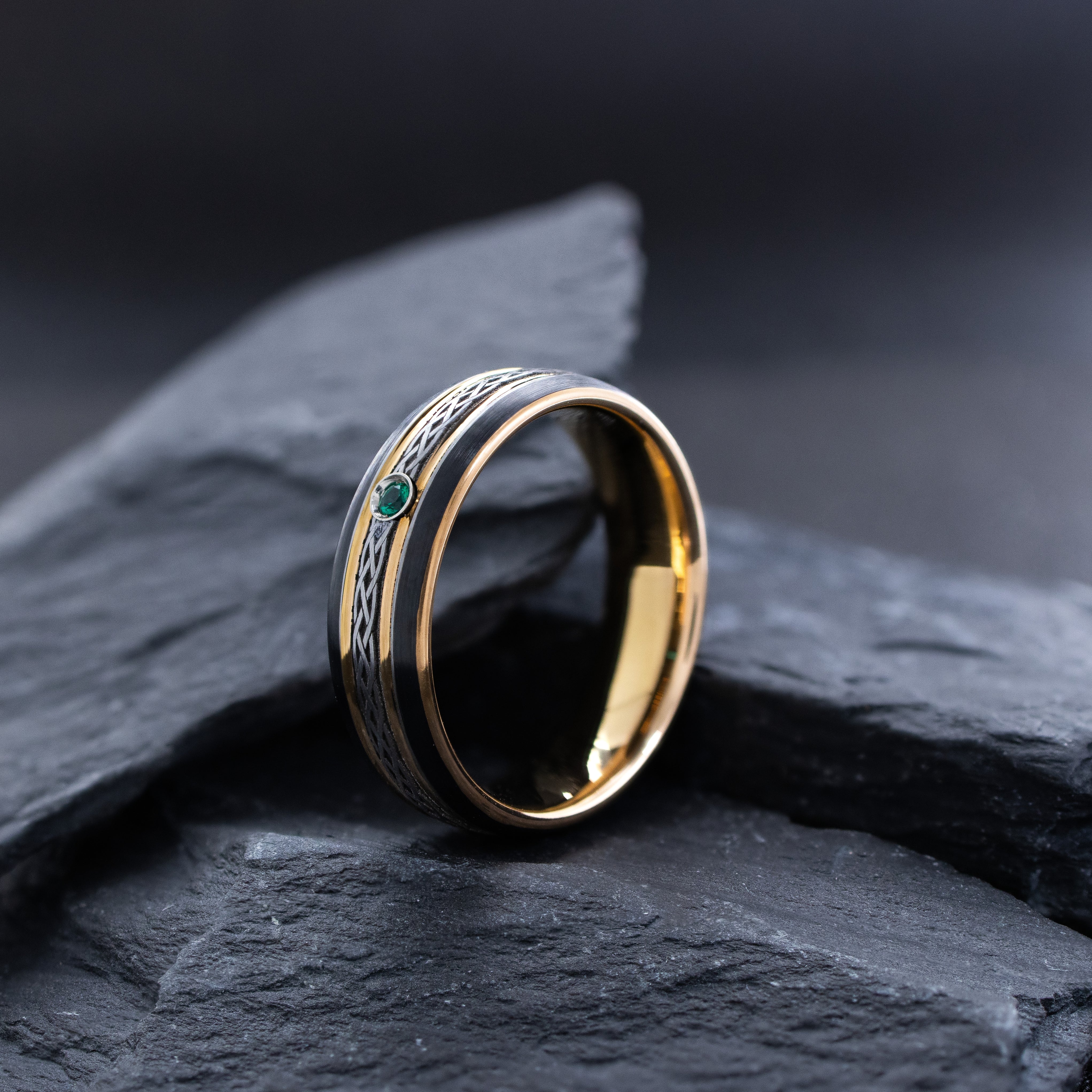 Black 7mm Tungsten Carbide Ring with Rose Gold Plating, Celtic Knot Engraving & Birthstone