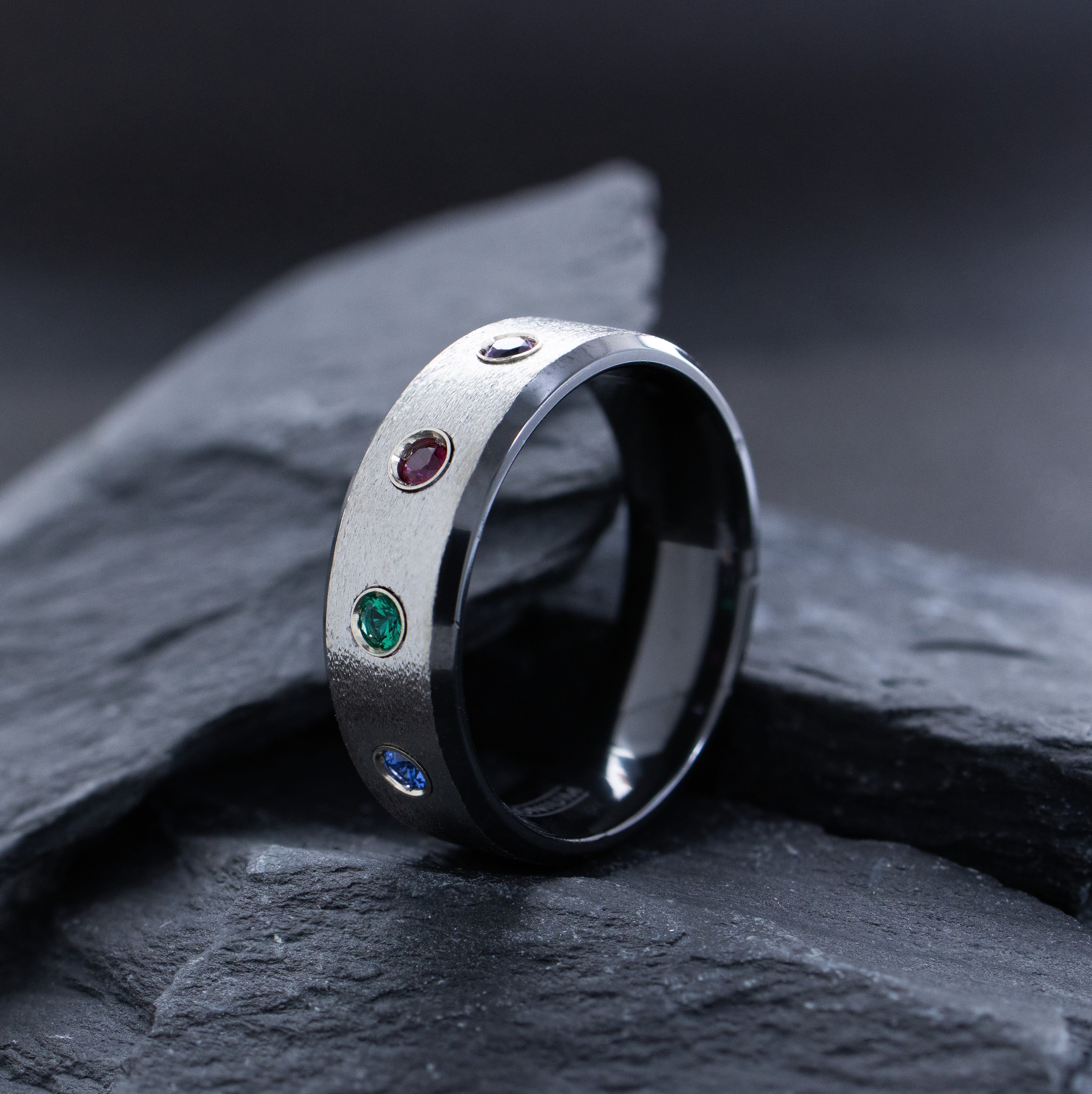 8mm Black Zirconium and Silver Ring with Four Round Cut Gemstones
